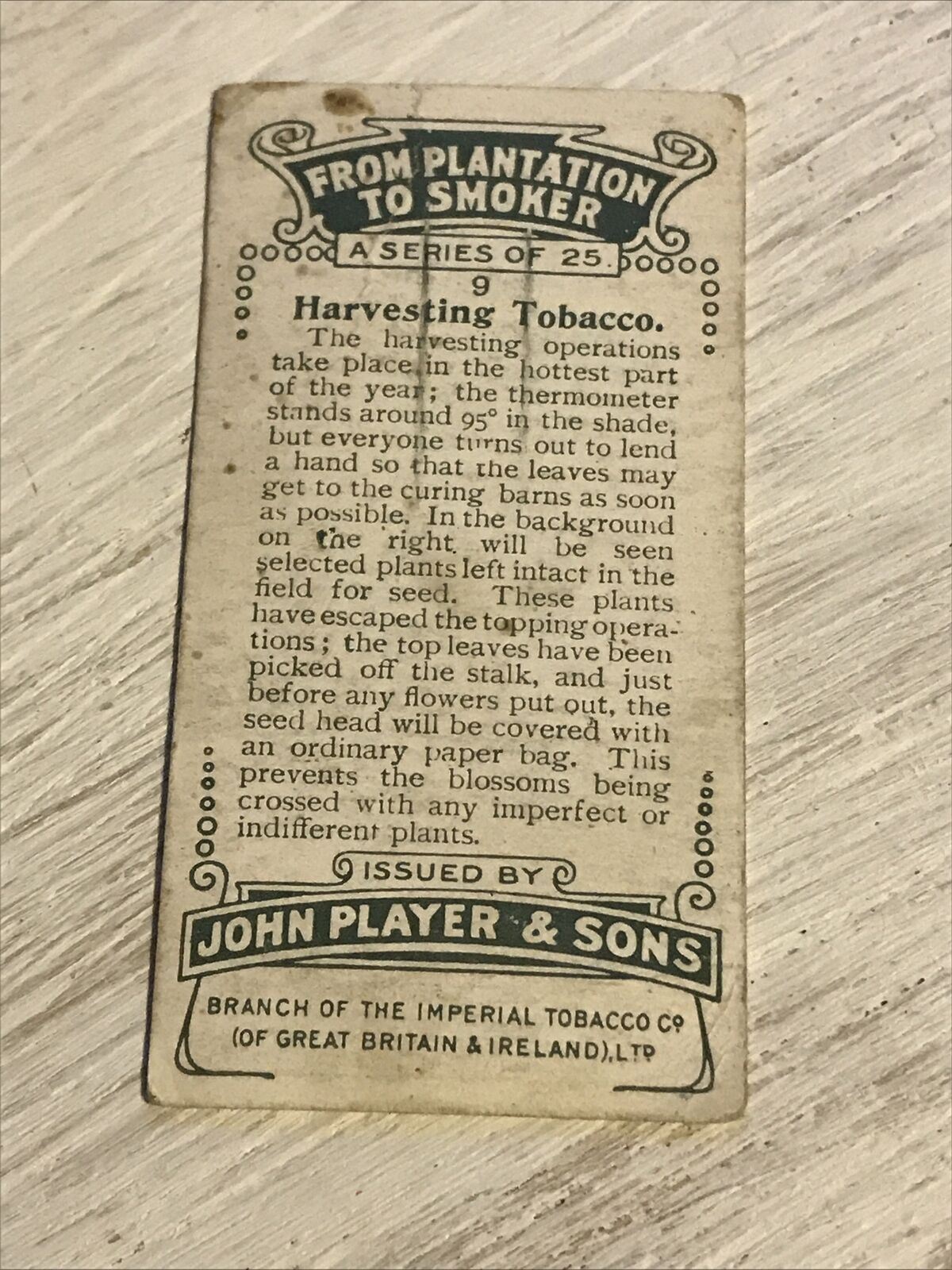 Vintage Players Cigarettes Card From Plantation To Smoker 9 Harvesting Tobacco