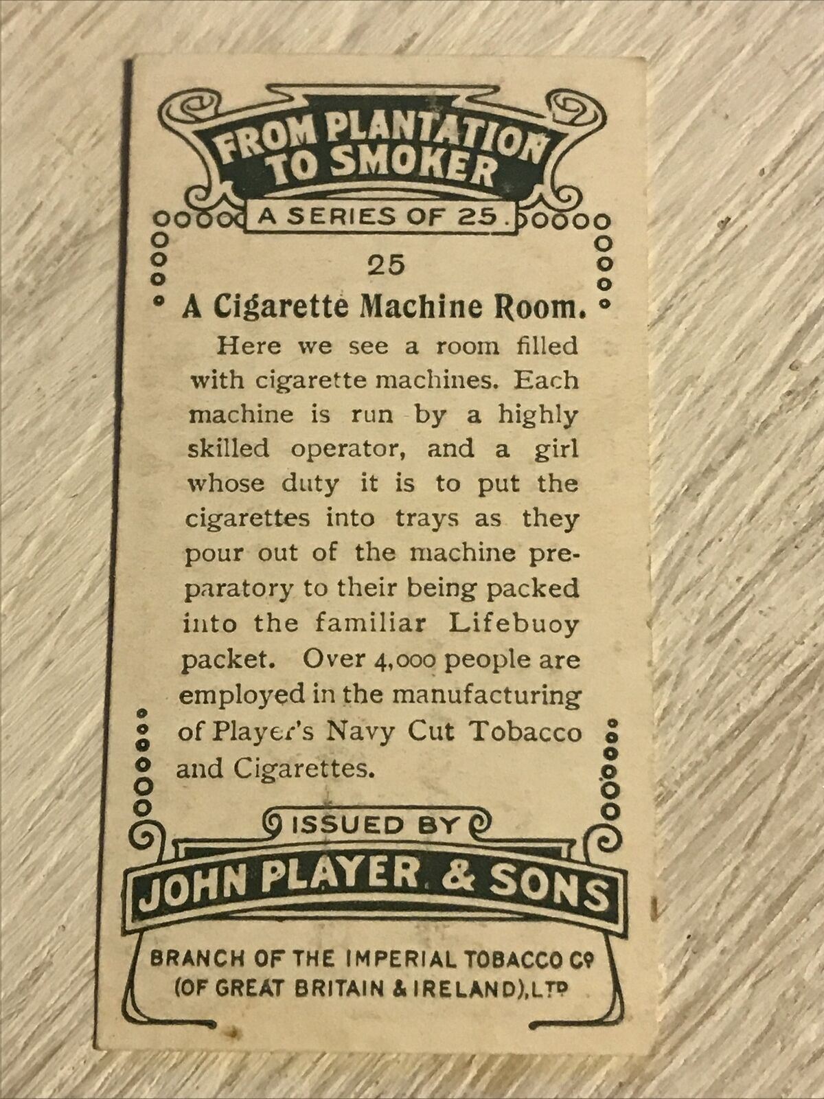 Vintage Players Cigarettes Card From Plantation To Smoker 25 Cigarette Machin