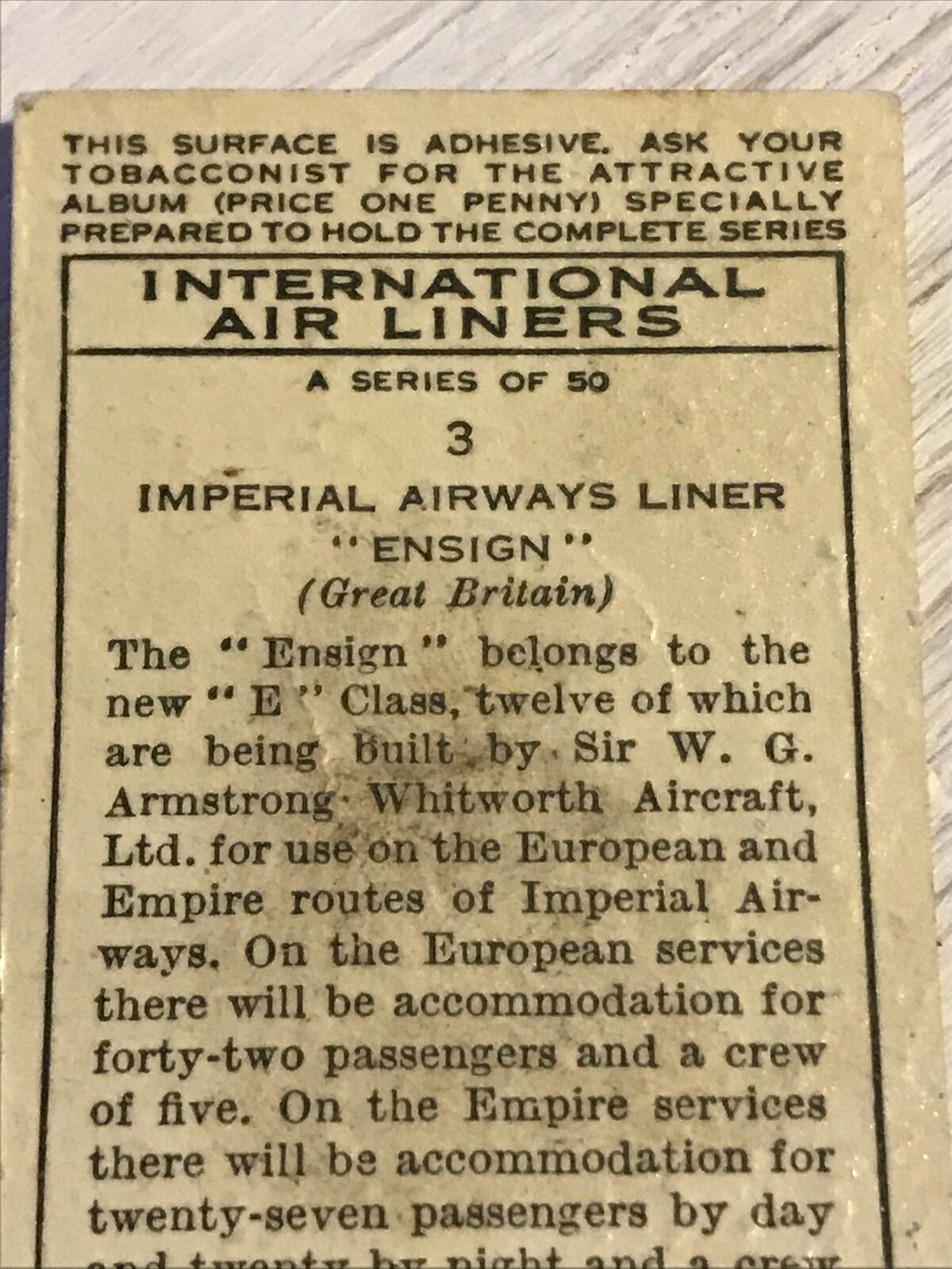 Vintage Players Cigarettes Card International Air Liners 3 Imperial Airways Line