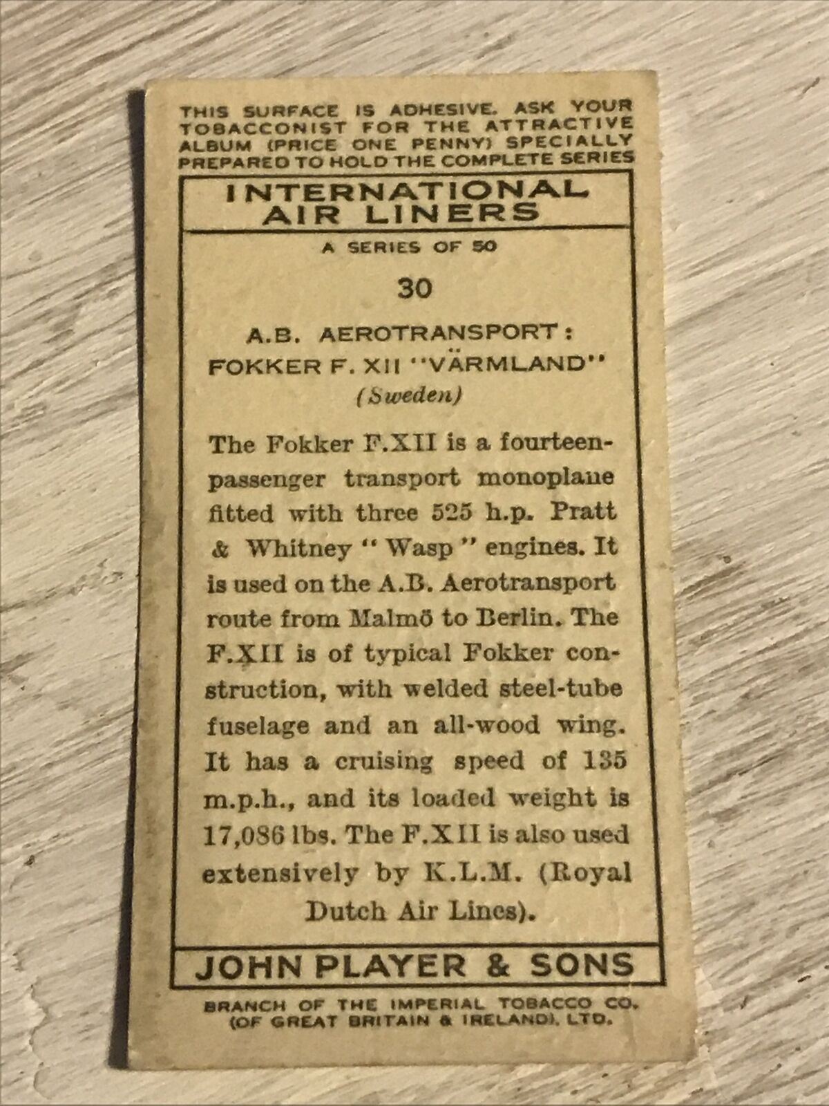 Vintage Players Cigarettes Card International Air Liners 30 A B Aerotransport