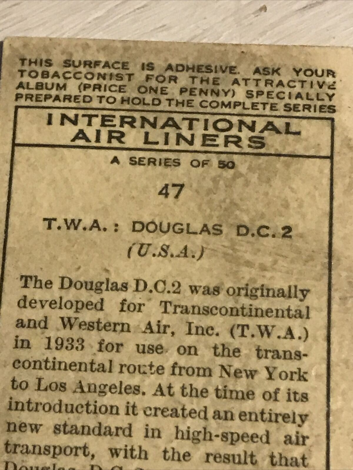 Vintage Players Cigarettes Card International Air Liners 47 TWA Douglas DC