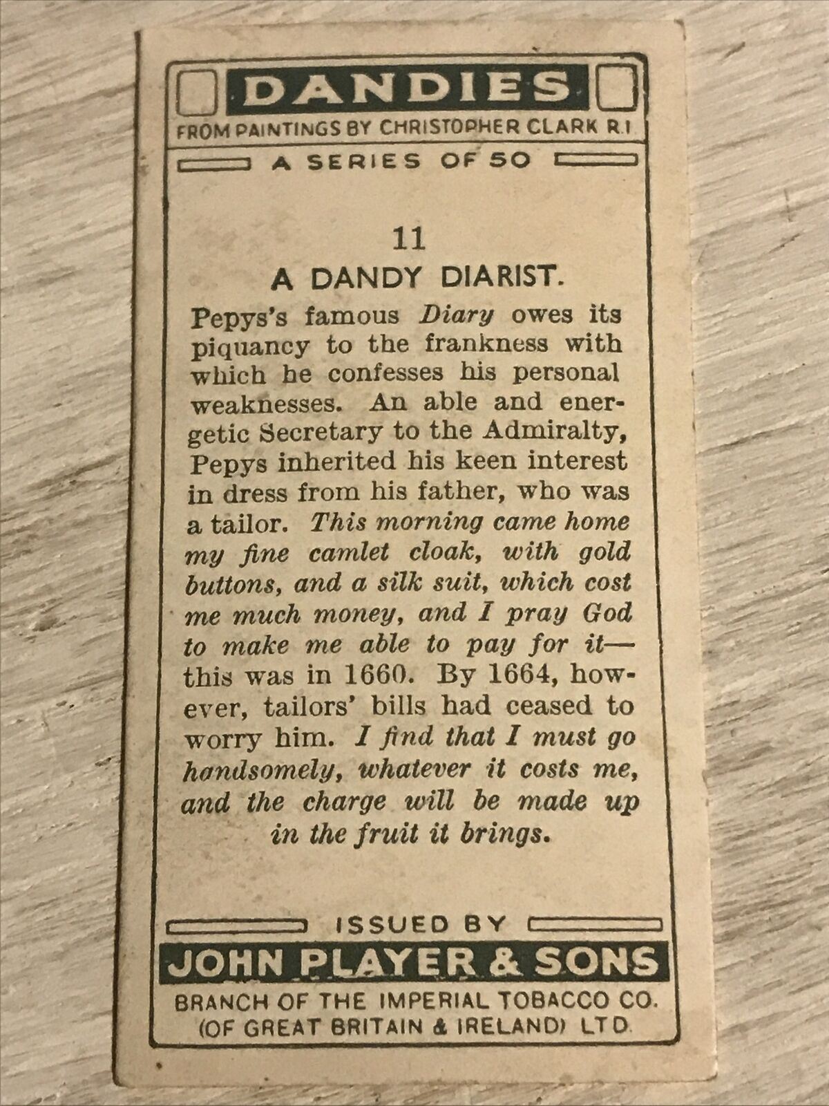 Players Cigarettes Card Dandies 11 Samuel Pepys A Dandy Diarist