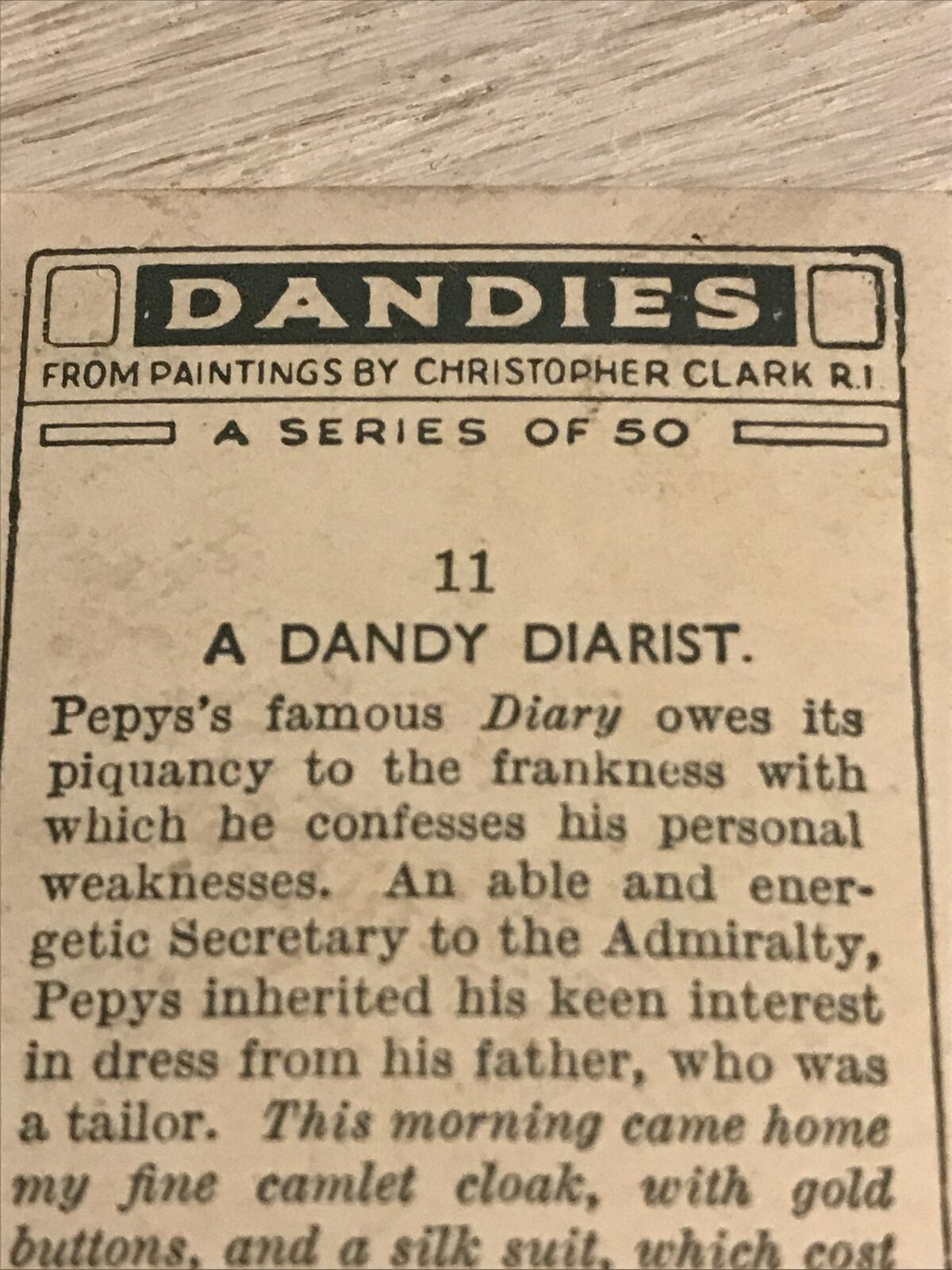 Players Cigarettes Card Dandies 11 Samuel Pepys A Dandy Diarist