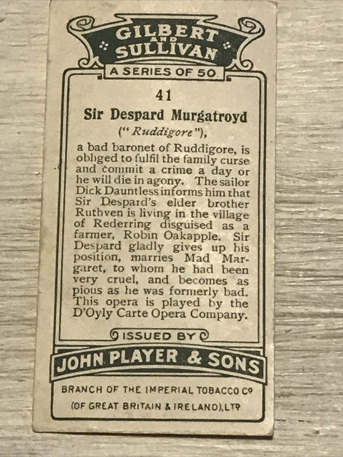 Players Cigarettes Card Gilbert & Sullivan 41 Sur Despard Murgatroyd Ruddigore