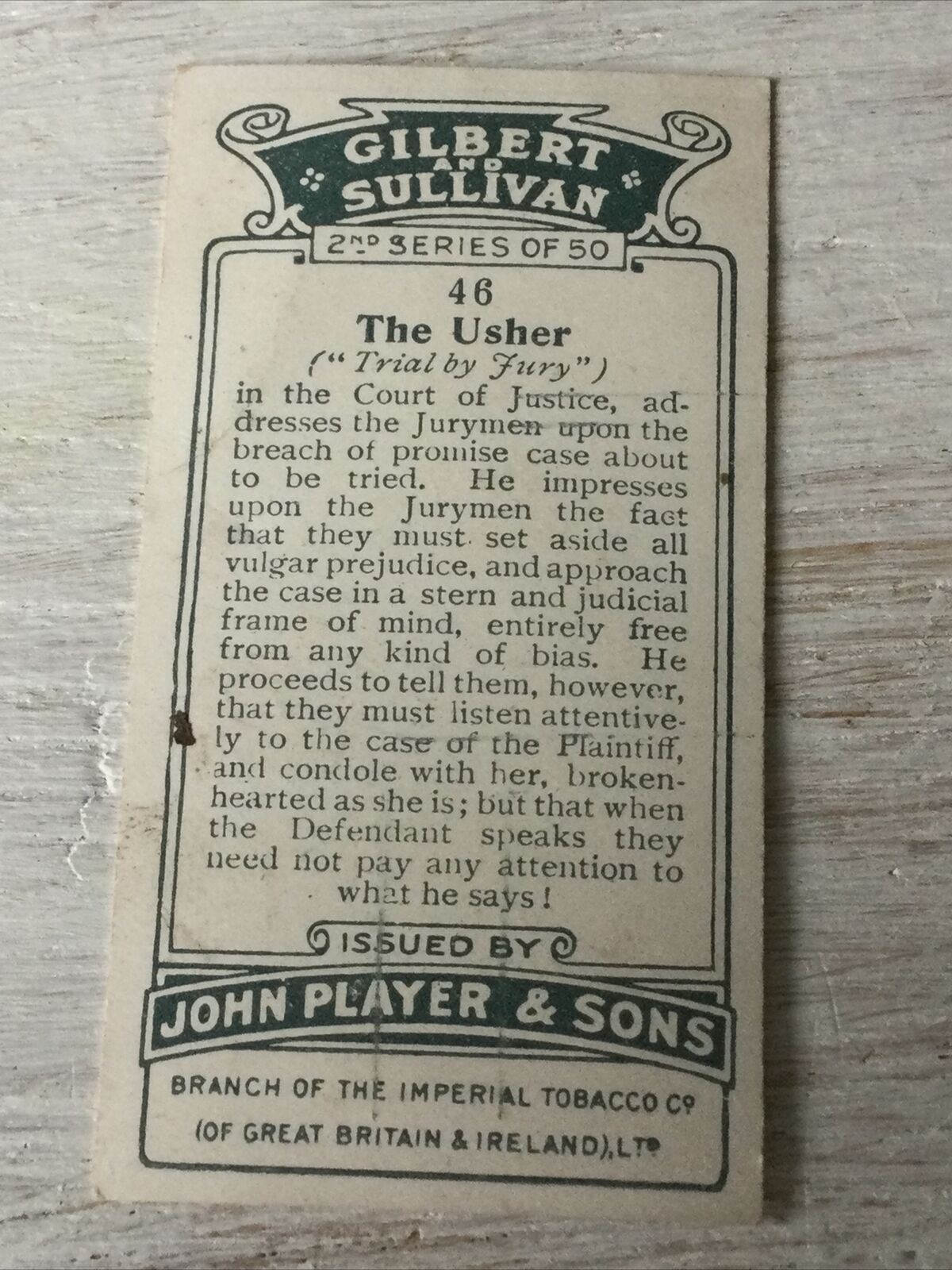 Players Cigarettes Card Gilbert & Sullivan 46 The Usher Trial By Jury Vintage Pr