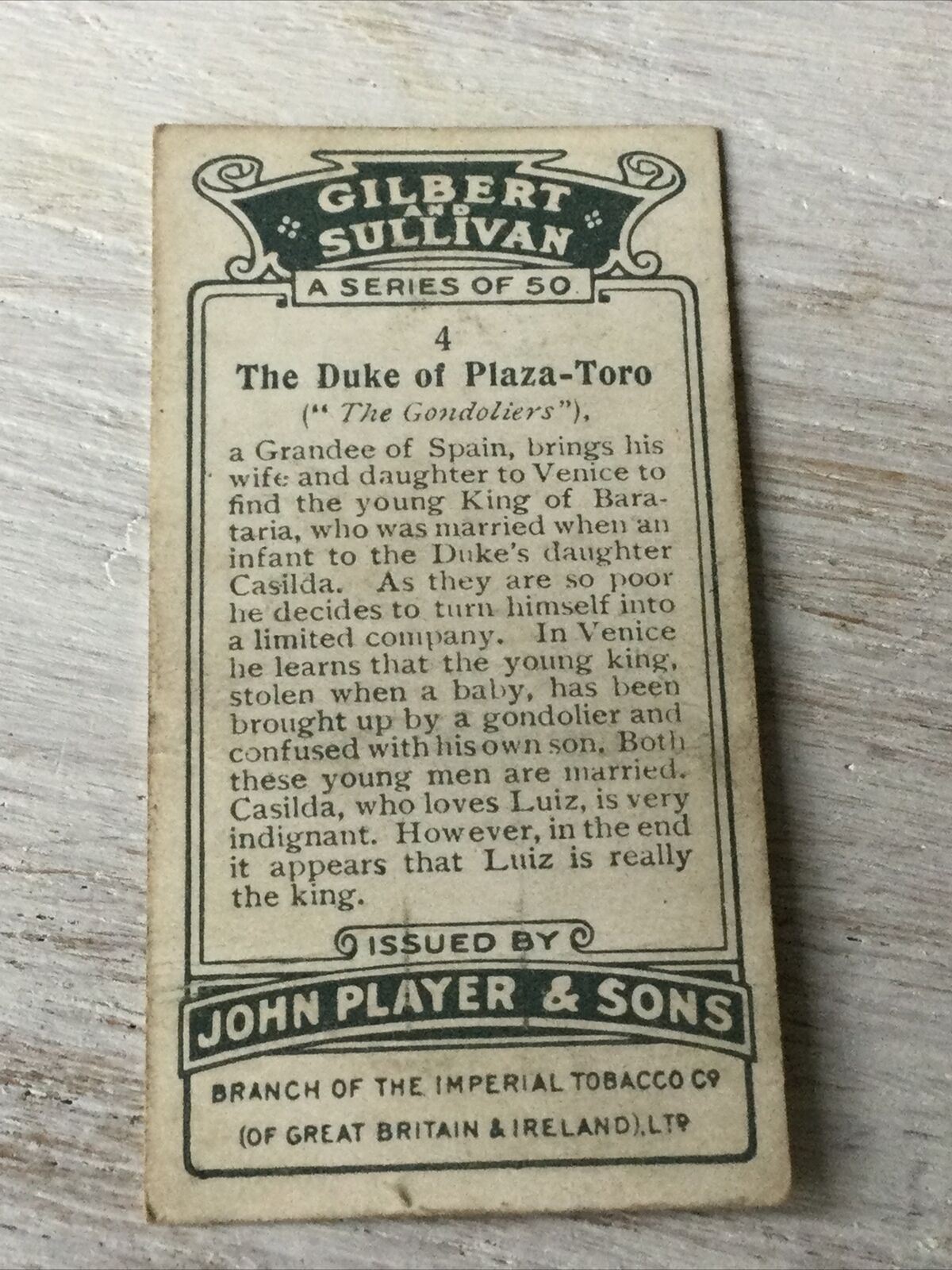 Players Cigarettes Card Gilbert & Sullivan 4 Duke Of Plaza Toro The Gondoliers