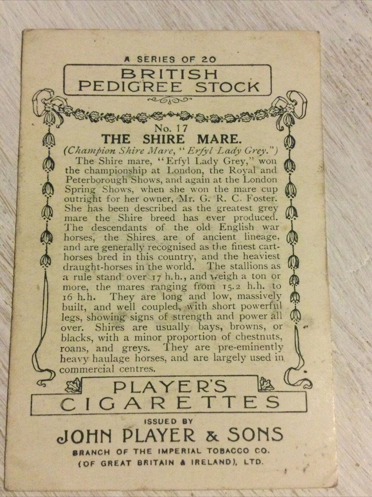 Players Cigarettes Card Large. British Pedigree Stock. 17 Shire Mare Erfyl Lady