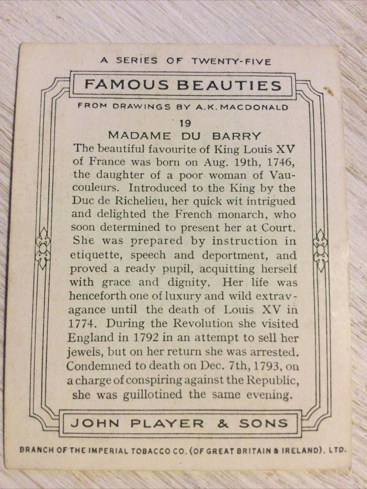 Players Cigarettes Card Large. Famous Beauties. MADAME DU BARRY No.19 Macdonald