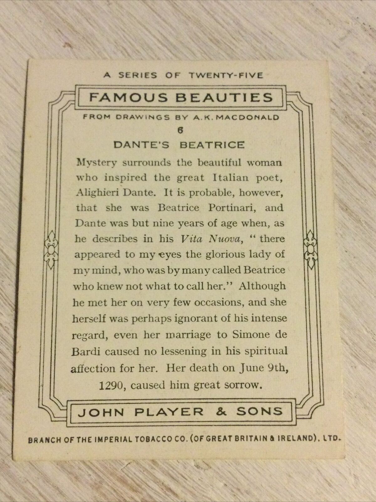 Players Cigarettes Card Large. Famous Beauties. 6 Dante’s BEATRICE Portinari