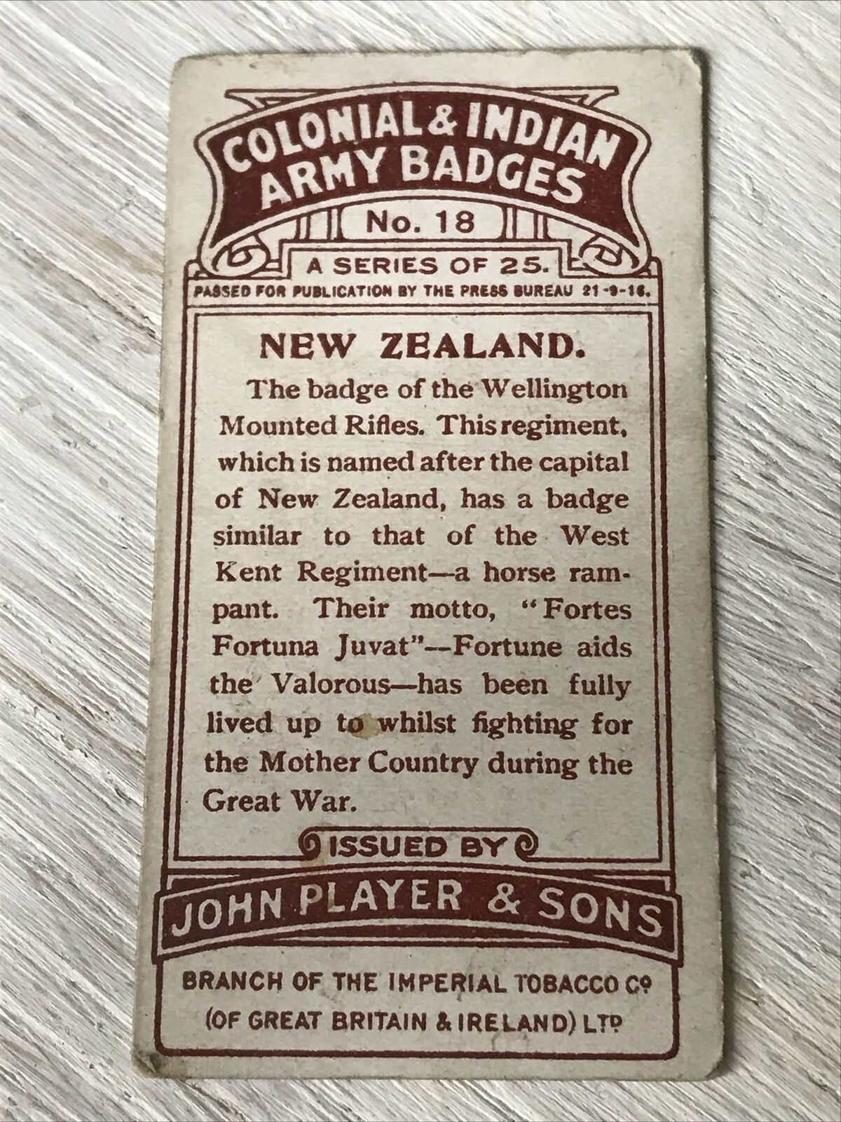 Players Cigarettes Card Colonial & Indian Army Vouchers 18 New Zealand Wellingto