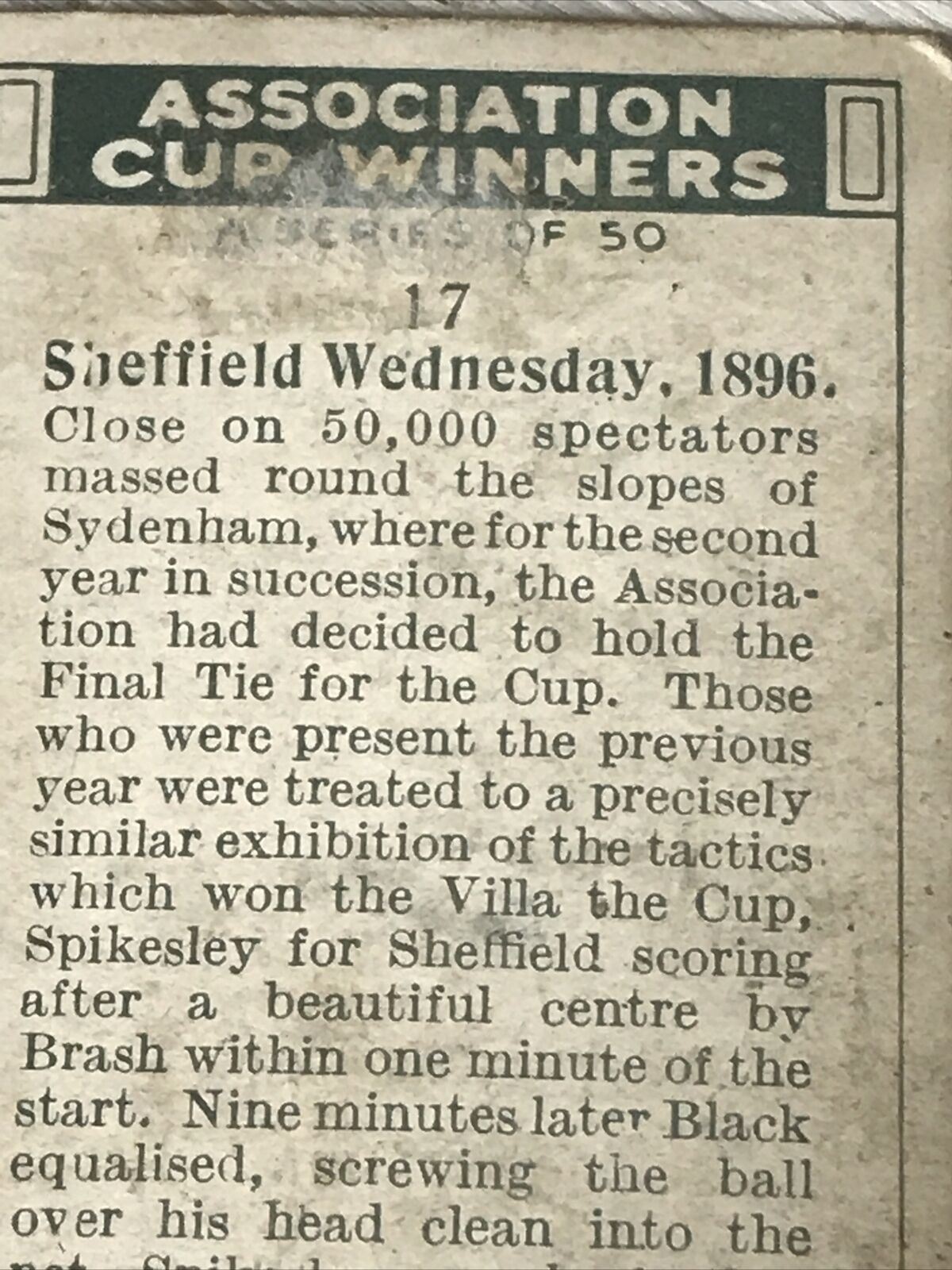 Players Cigarettes Card Association Cup Winners 17 Sheffield Wednesday 1896