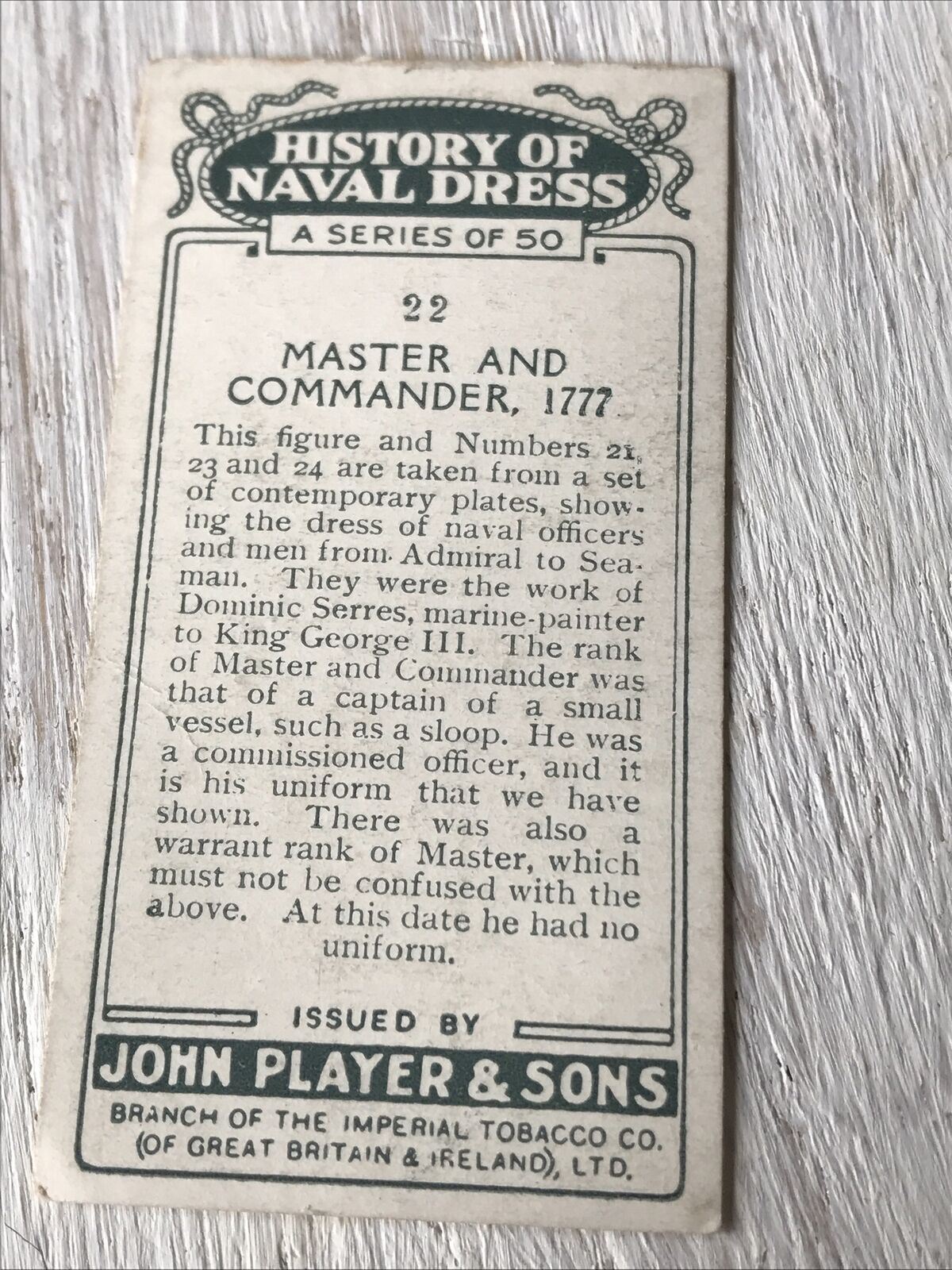 Players Cigarettes Card History Of Naval Dress 22 Master & Commander 1777 Serres