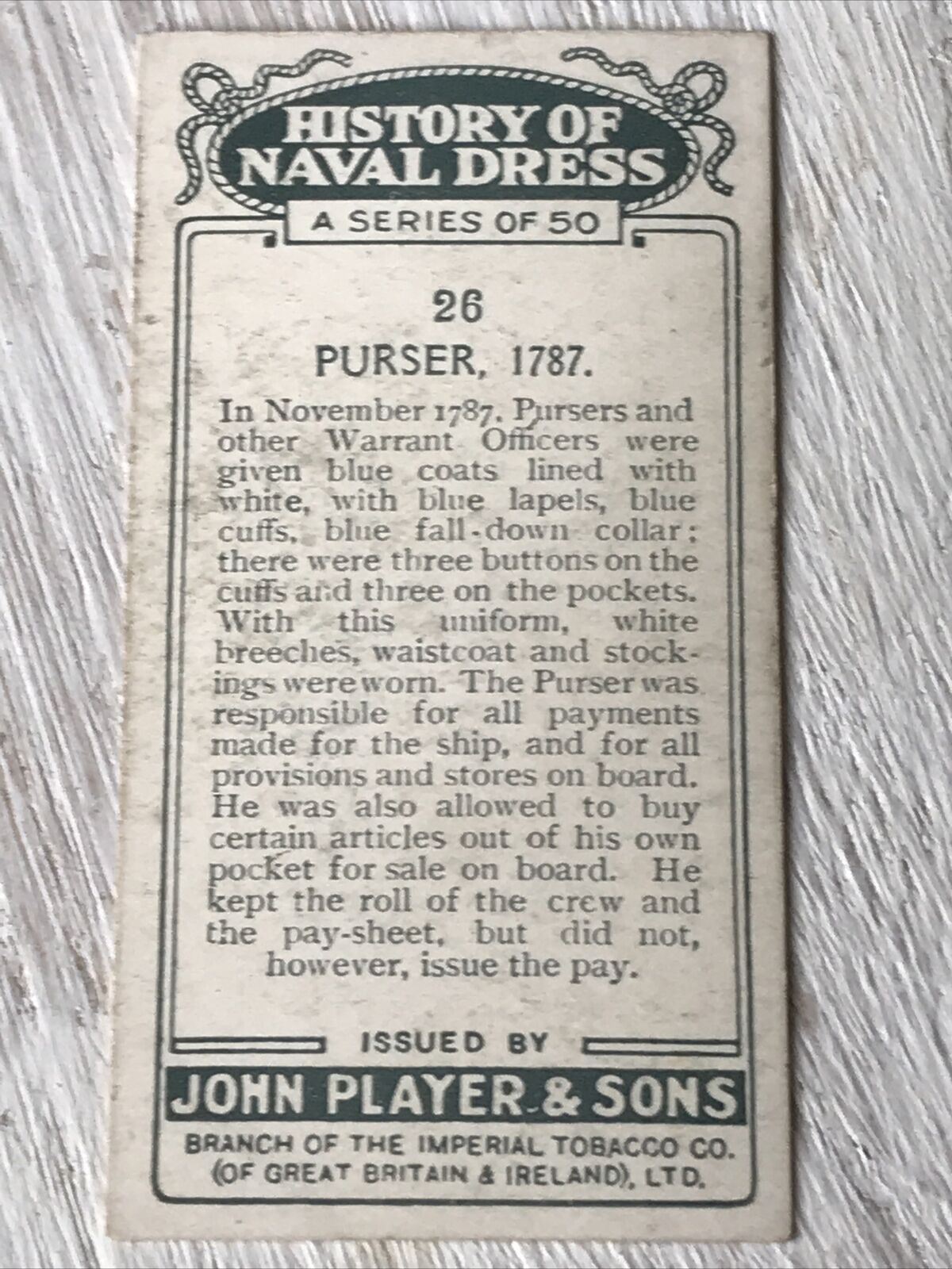 Players Cigarettes Card History Of Naval Dress 26 Purser 1787 Warrant Officer