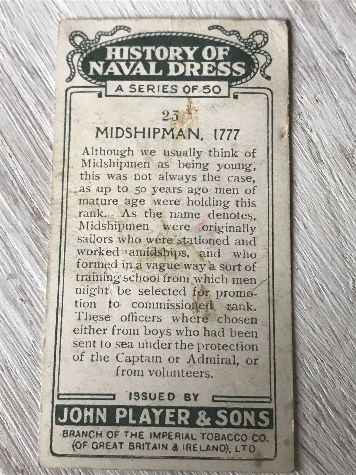 Players Cigarettes Card History Of Naval Dress 23 Midshipman 1777 Vintage