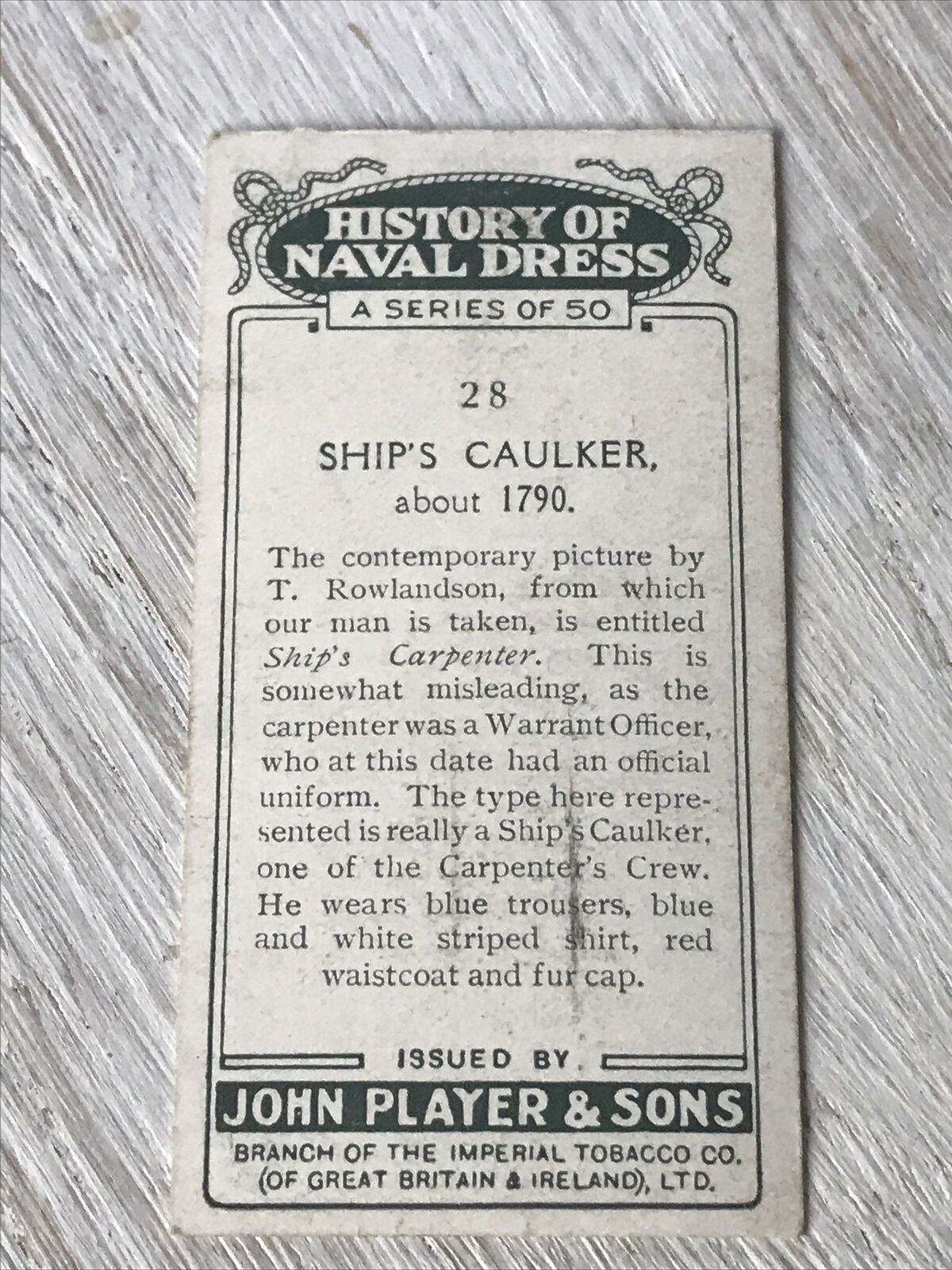 Players Cigarettes Card History Of Naval Dress 28 Ships Caulker About 1790