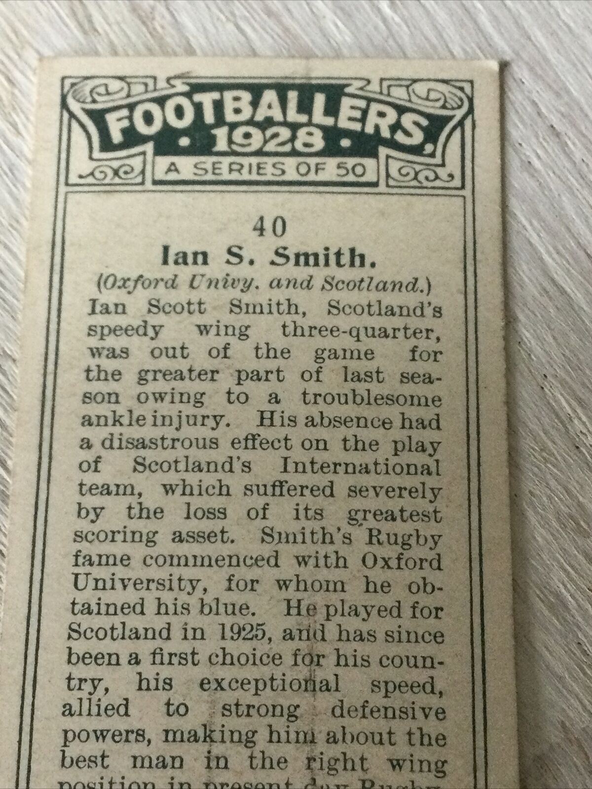 PLAYER'S Cigarette Card FOOTBALLERS 1928 Rugby Ian Smith Oxford Scotland No 40