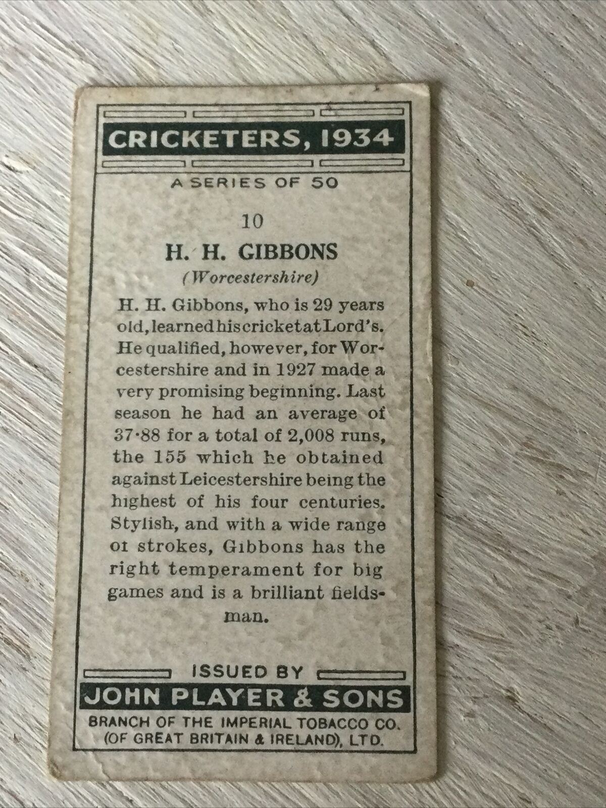 PLAYER'S Cigarette Card Cricketers 1934 H H Gibbons Worcestershire No. 10