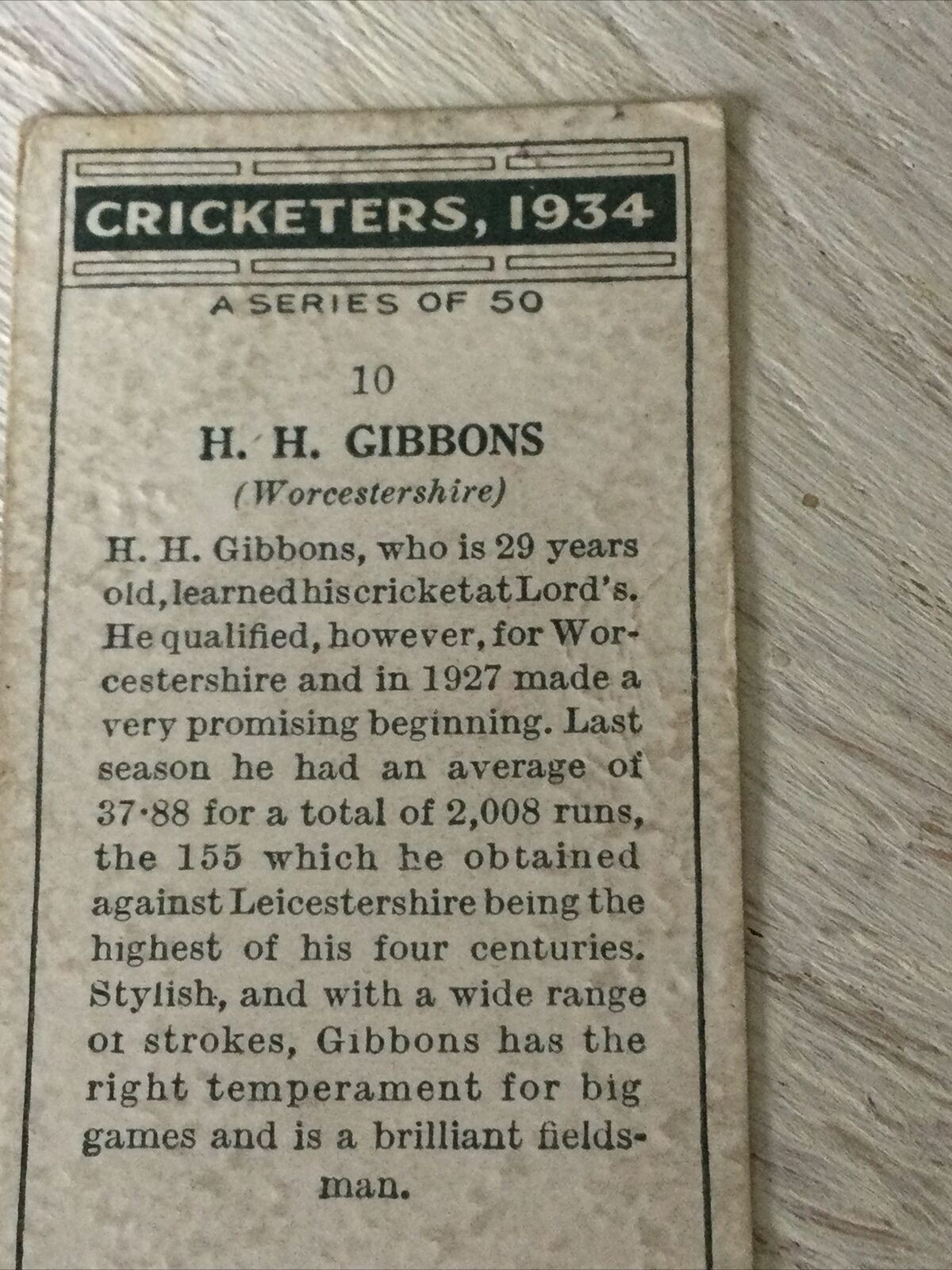 PLAYER'S Cigarette Card Cricketers 1934 H H Gibbons Worcestershire No. 10