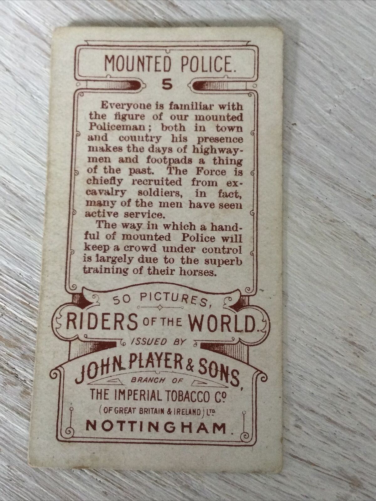 PLAYER'S Cigarette Card Riders Of The World. Mounted Police 5 Police Force