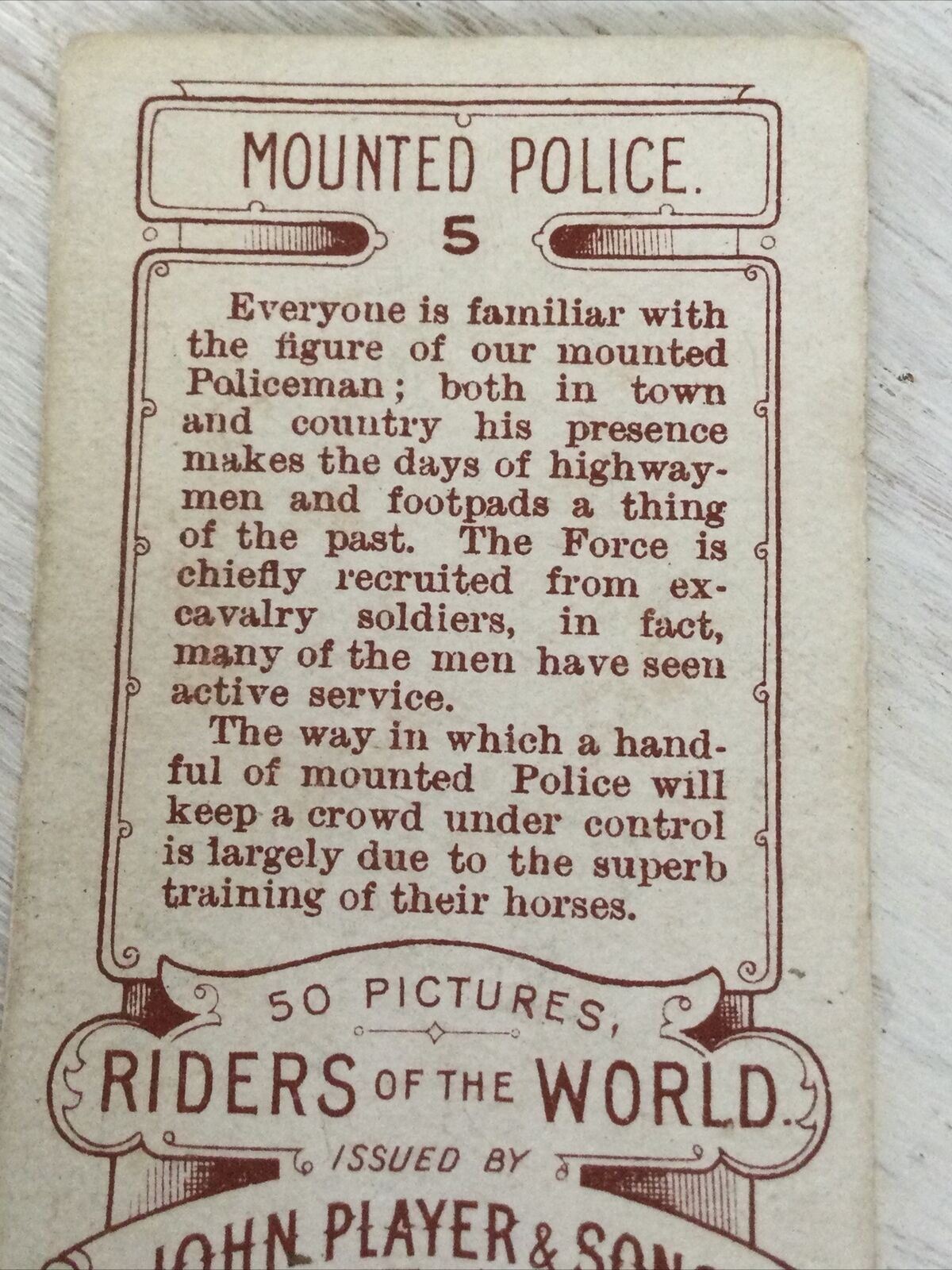 PLAYER'S Cigarette Card Riders Of The World. Mounted Police 5 Police Force