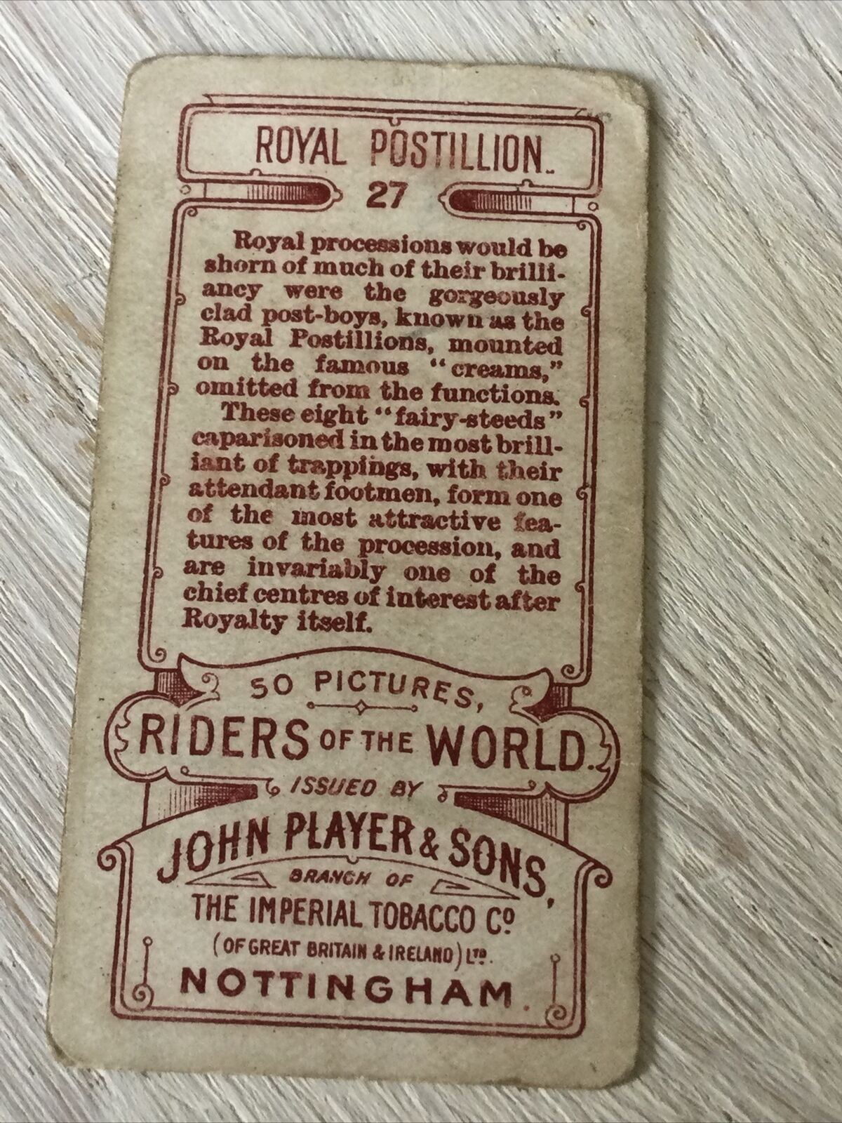 PLAYER'S Cigarette Card Riders Of The World Royal Postillion 27 Horse