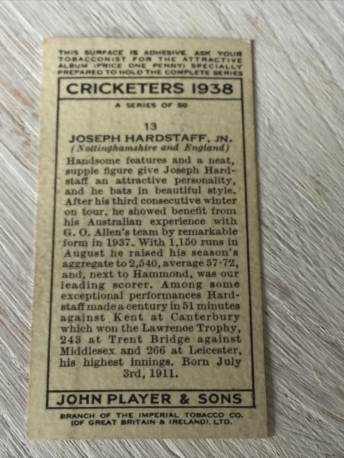 PLAYER'S Cigarette Card Cricketers 1938 13 Joseph Hardstaff Nottinghamshire Engl