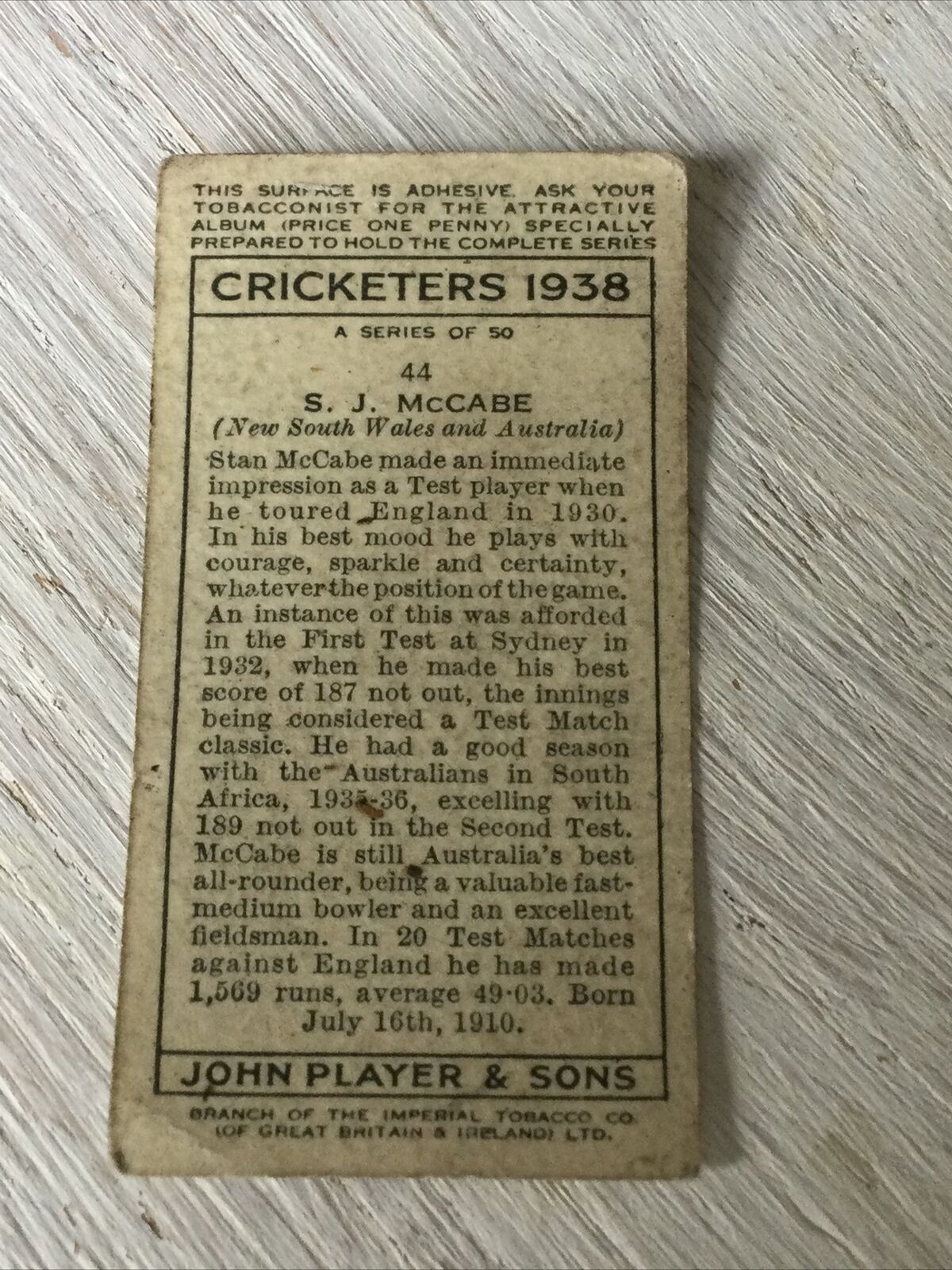 PLAYER'S Cigarette Card Cricketers 1938 S J McCabe New South Wales Australia