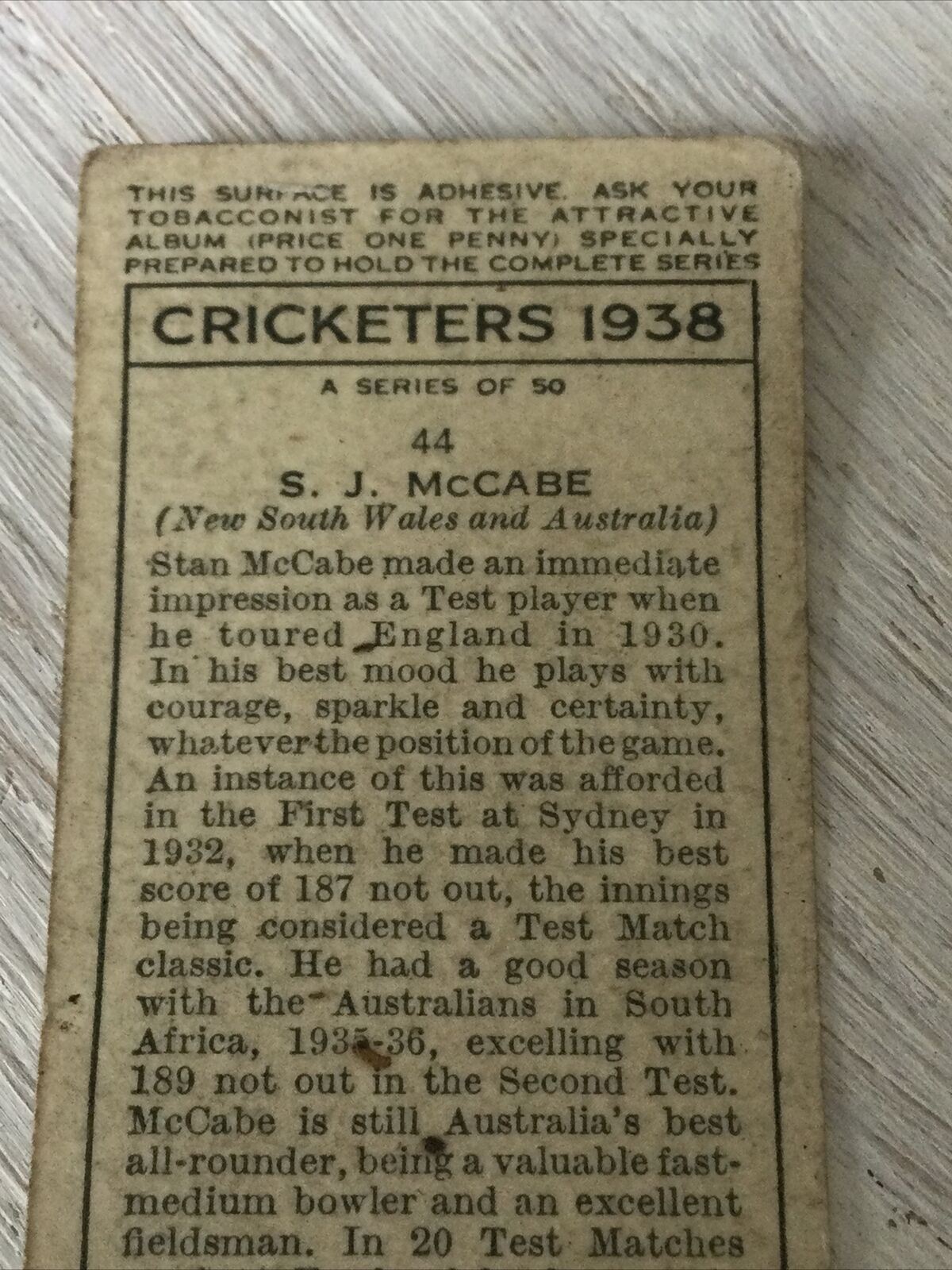 PLAYER'S Cigarette Card Cricketers 1938 S J McCabe New South Wales Australia