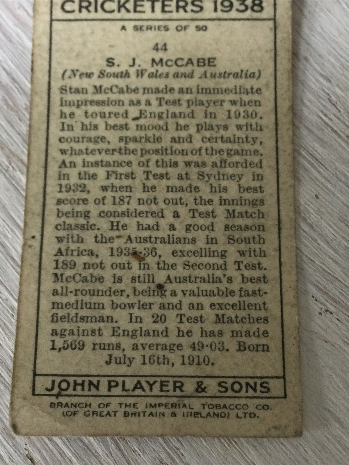 PLAYER'S Cigarette Card Cricketers 1938 S J McCabe New South Wales Australia