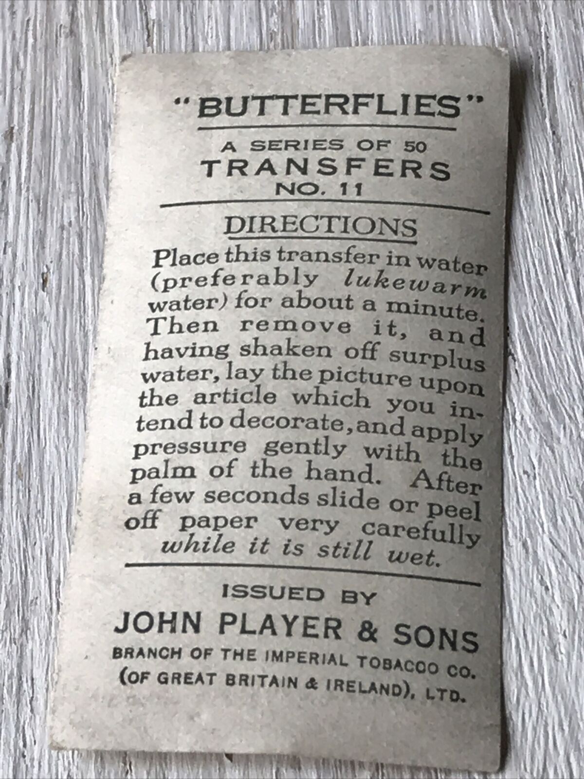 Players Cigarette Card TRANSFER Butterflies No 11 GB Marbled White Vintage 1930s