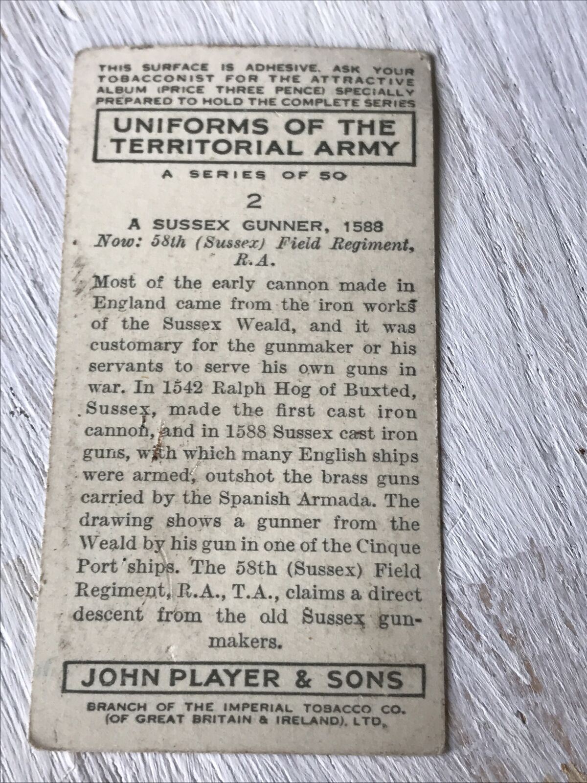 Players Cigarette Card Uniforms Of The Territorial Army 2 Sussex Gunner 1588