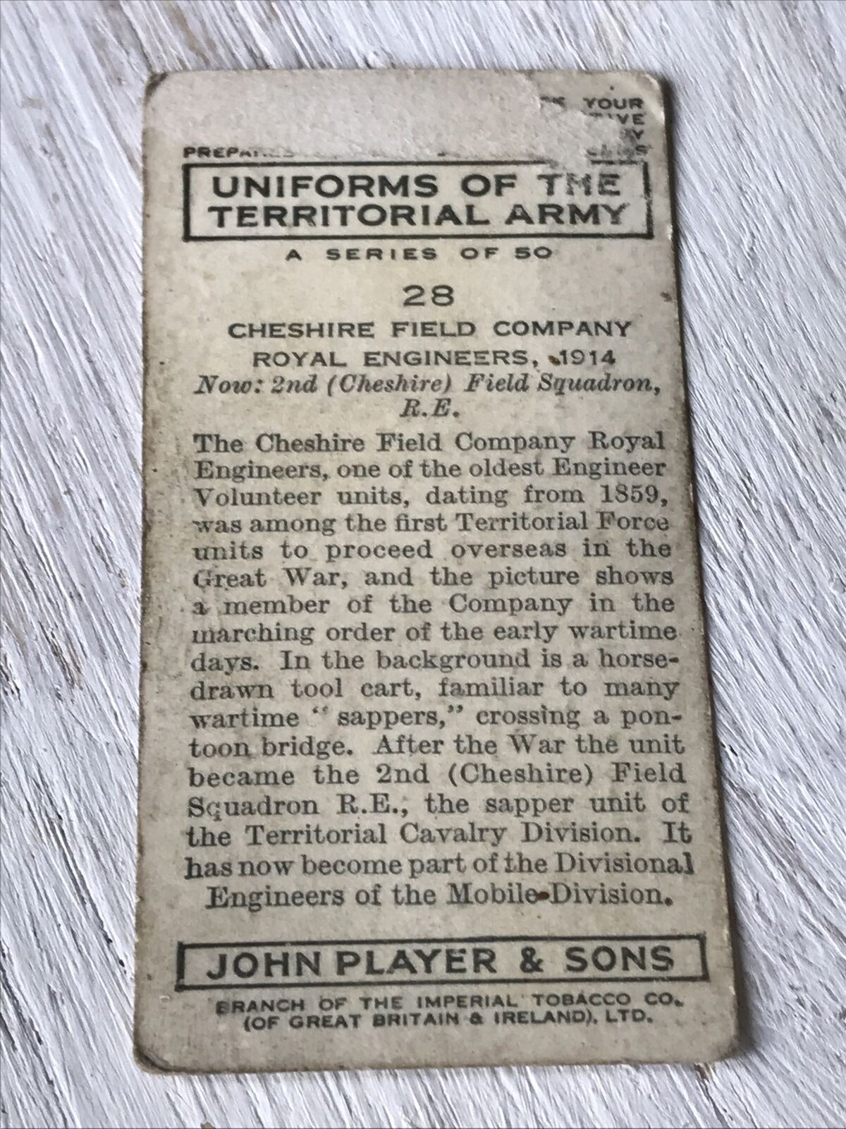 Players Cigarette Card Uniforms Of The Territorial Army 28 Cheshire Field Compan