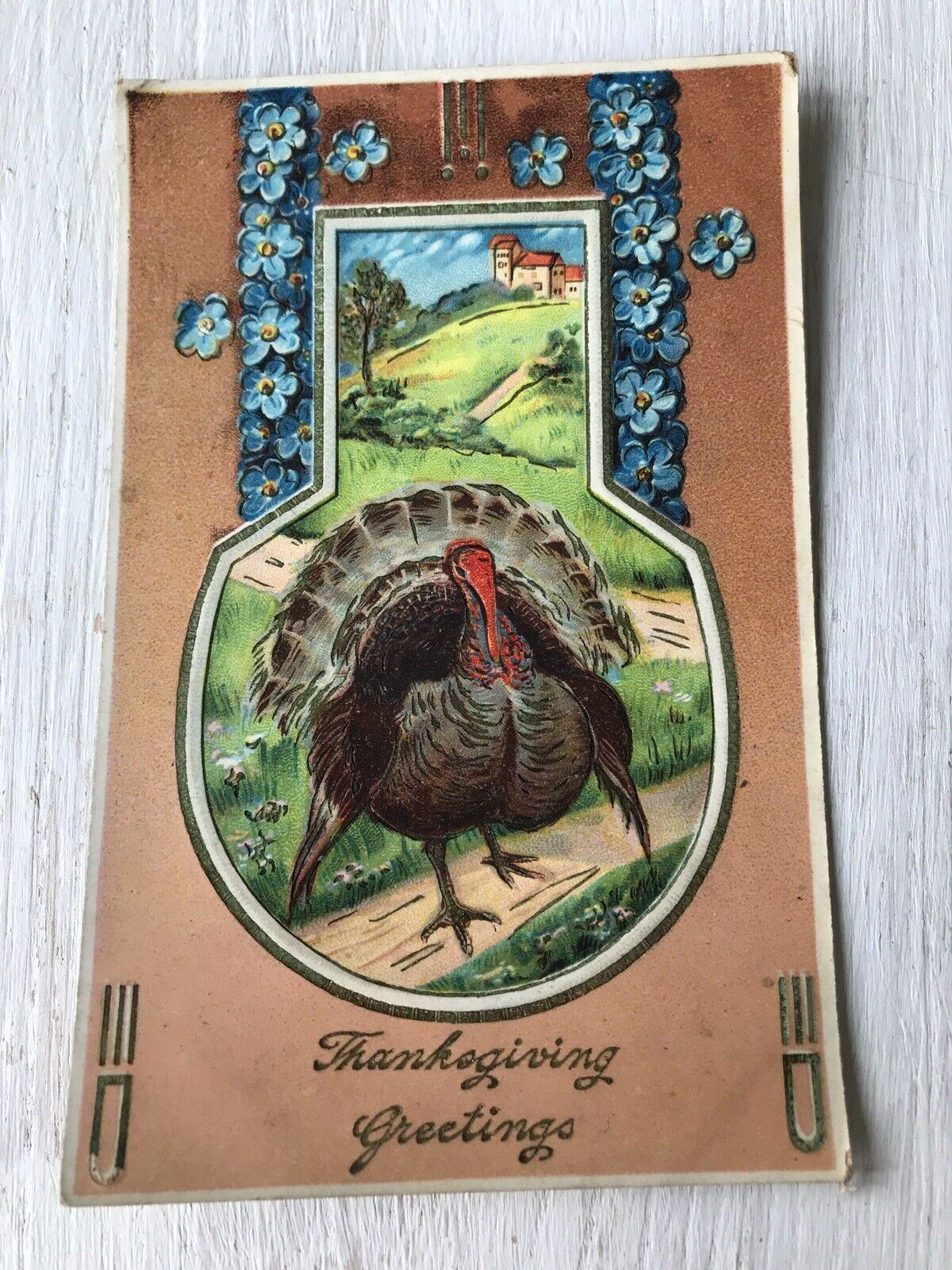 Vintage Thanksgiving Greetings Postcard Turkey Forgetmenots Art Deco Embossed