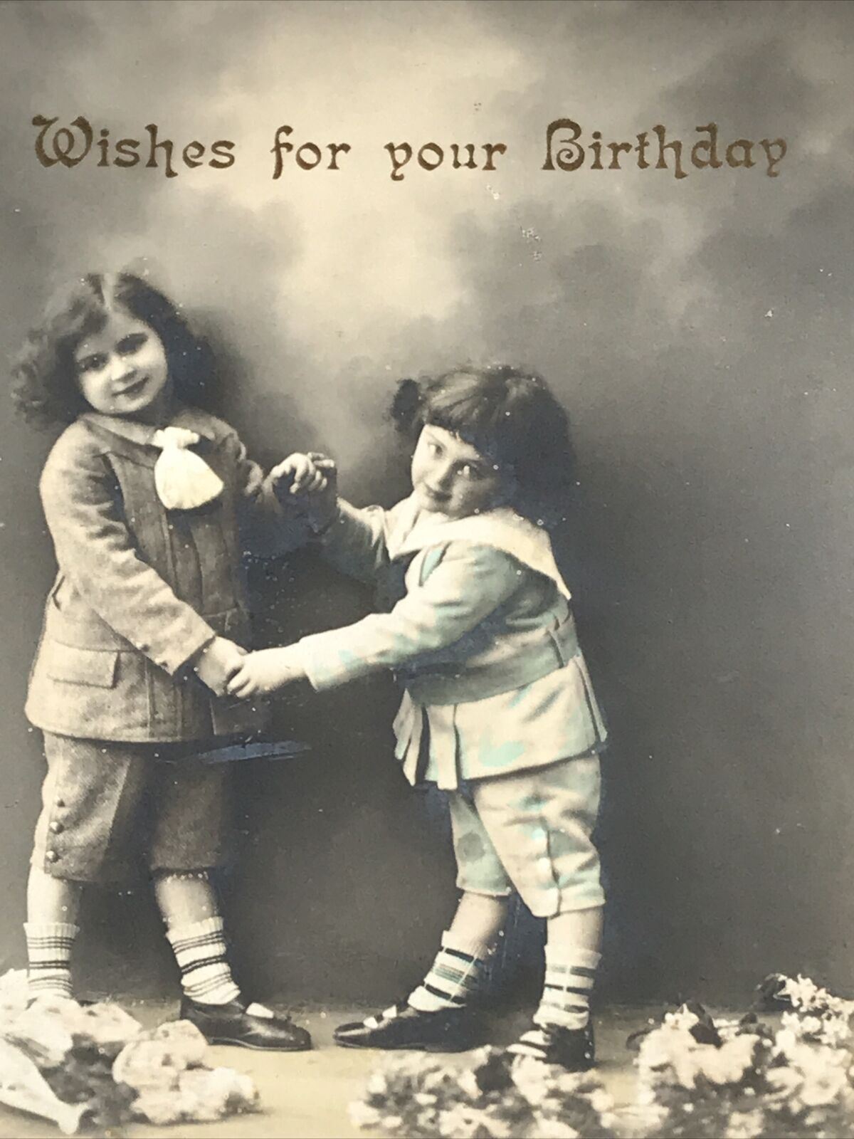 Vintage Antique Birthday Greetings Postcard Real Photograph Children Nice Poem