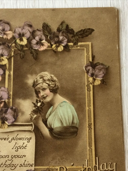 Vintage Birthday Greetings Postcard 1910/20s Violets Nice Poem Woman Sepia Tint