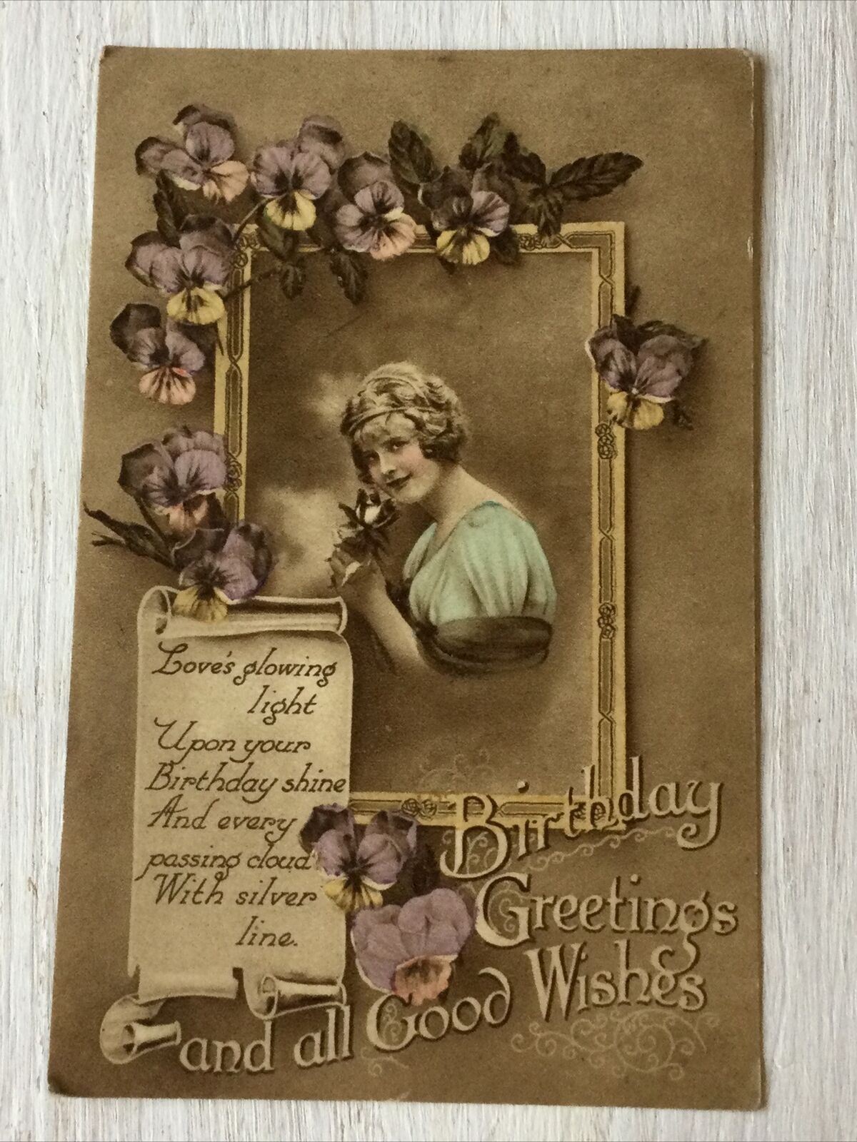 Vintage Birthday Greetings Postcard 1910/20s Violets Nice Poem Woman Sepia Tint