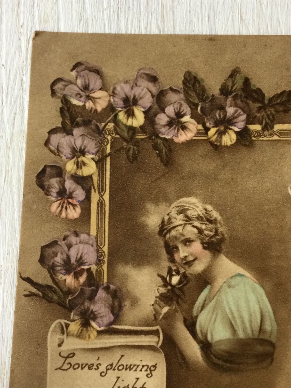 Vintage Birthday Greetings Postcard 1910/20s Violets Nice Poem Woman Sepia Tint