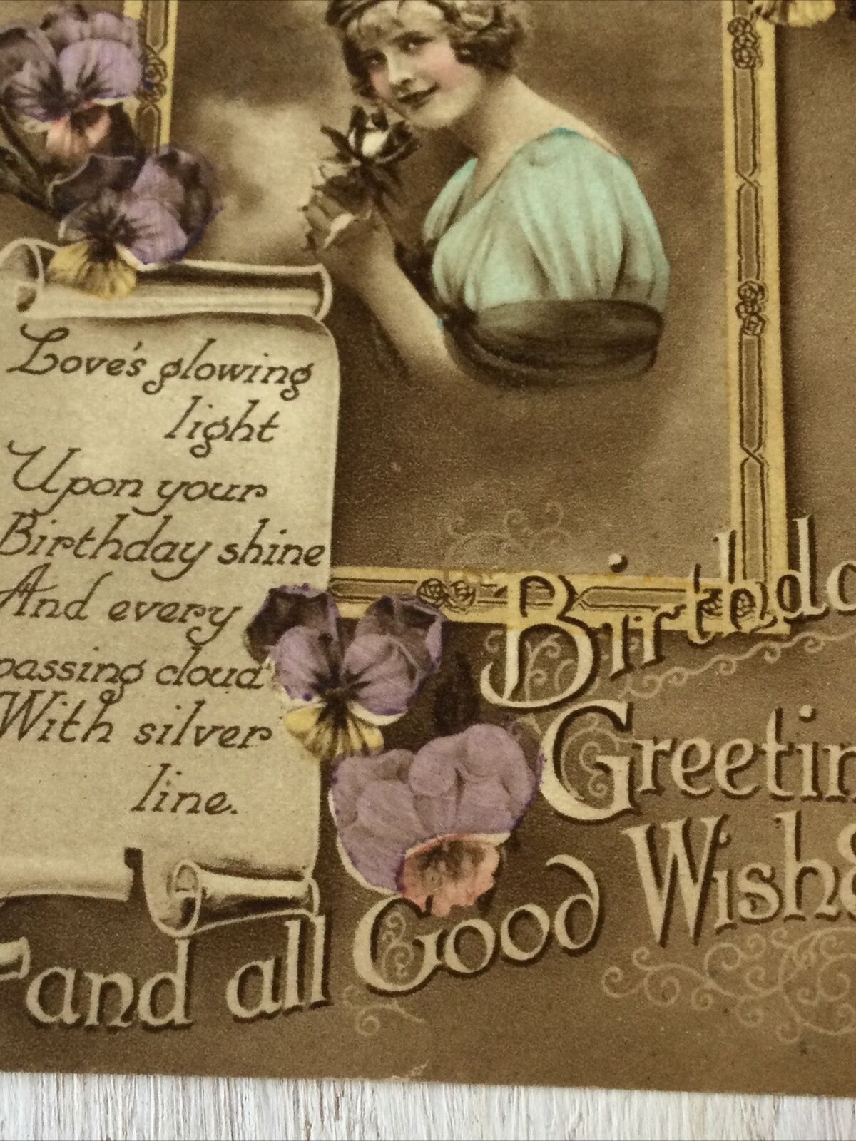 Vintage Birthday Greetings Postcard 1910/20s Violets Nice Poem Woman Sepia Tint