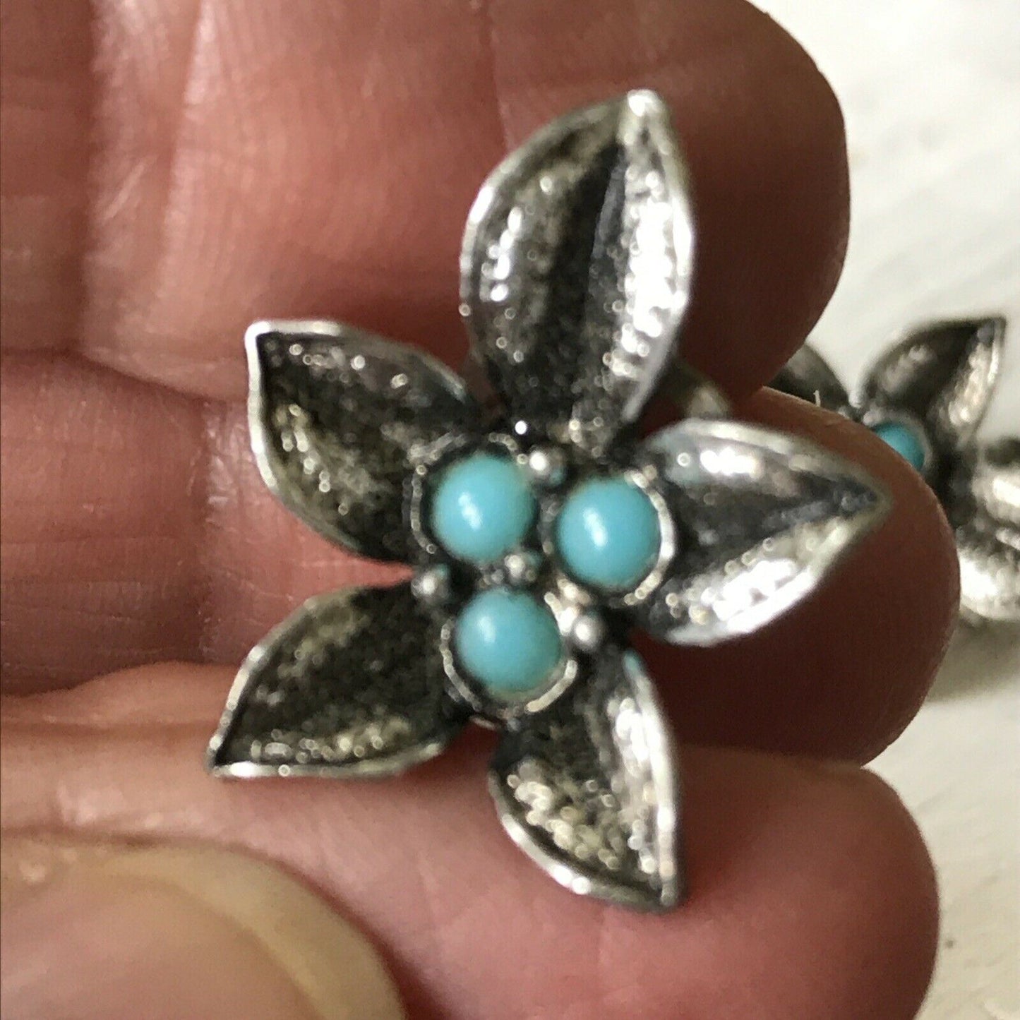 Vintage Clip On Earrings Flower Design Silver Tone Unusual Blue Stones Pretty