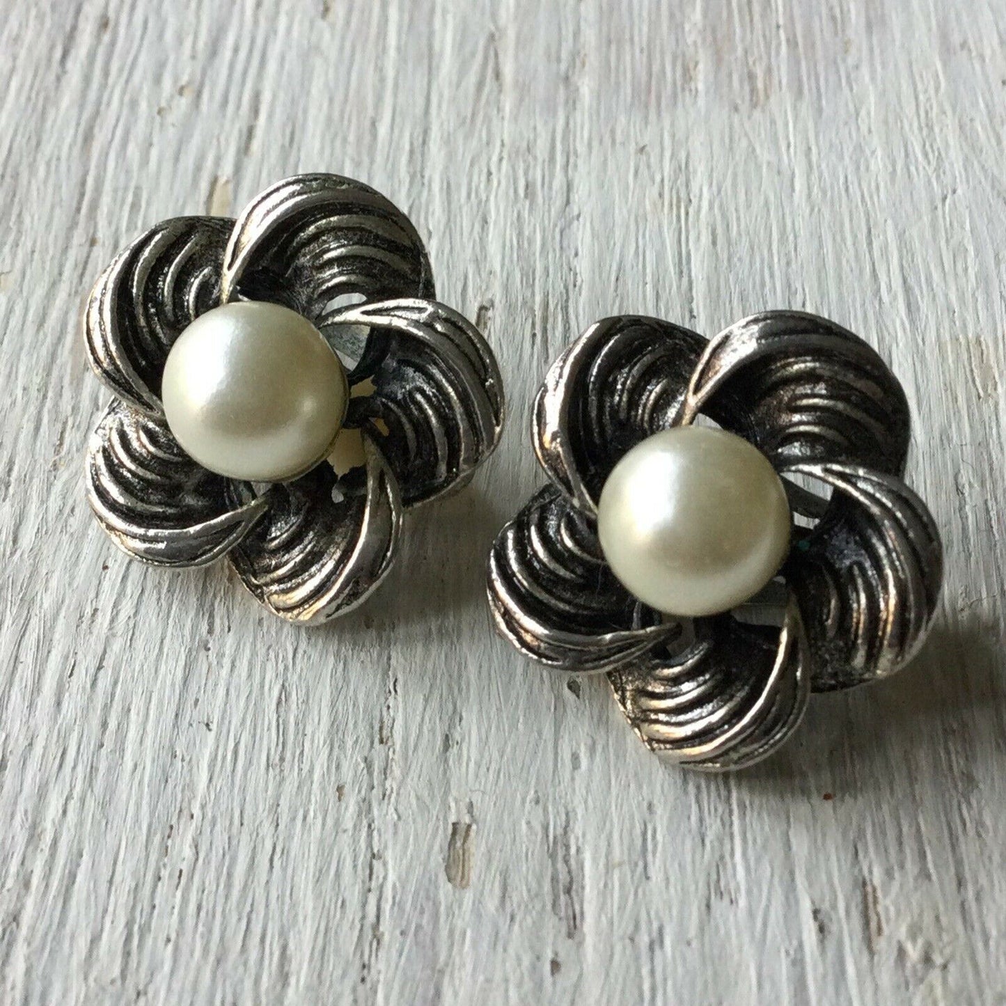 Vintage Clip On Earrings. Large Flower Shape Pewter Colour Simulated Pearl Centre