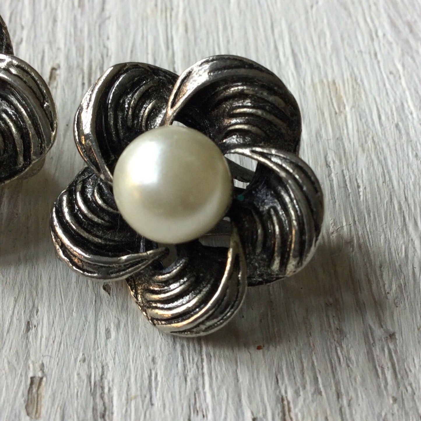 Vintage Clip On Earrings. Large Flower Shape Pewter Colour Simulated Pearl Centre