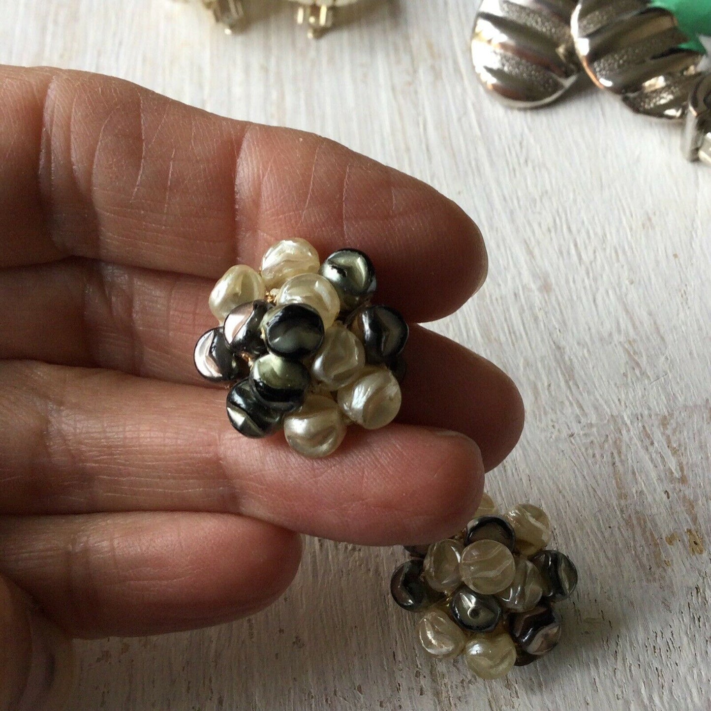 Vintage Clip On Earrings. Simulated Pearl Cluster. Pearl And Grey. Classic Desig