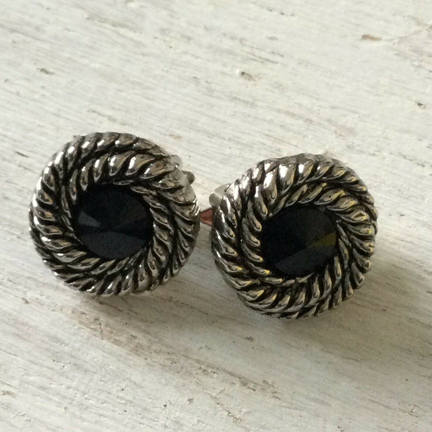 Vintage Clip On Earrings. Large Stud Silver Tone With Black Centre. Plastic.