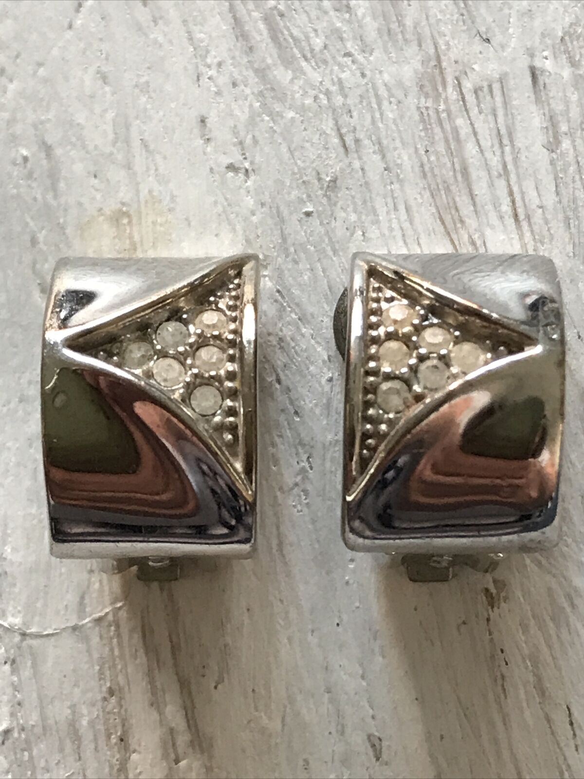 SilverTone Modern Clip On Earrings. Contemporary Design cuff style. Polished Shiny Rhinestones