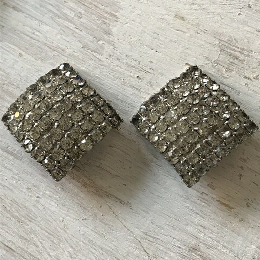 Large Square Vintage Diamanté Clip On Earrings. Some Wear. Sparkly Party Evening