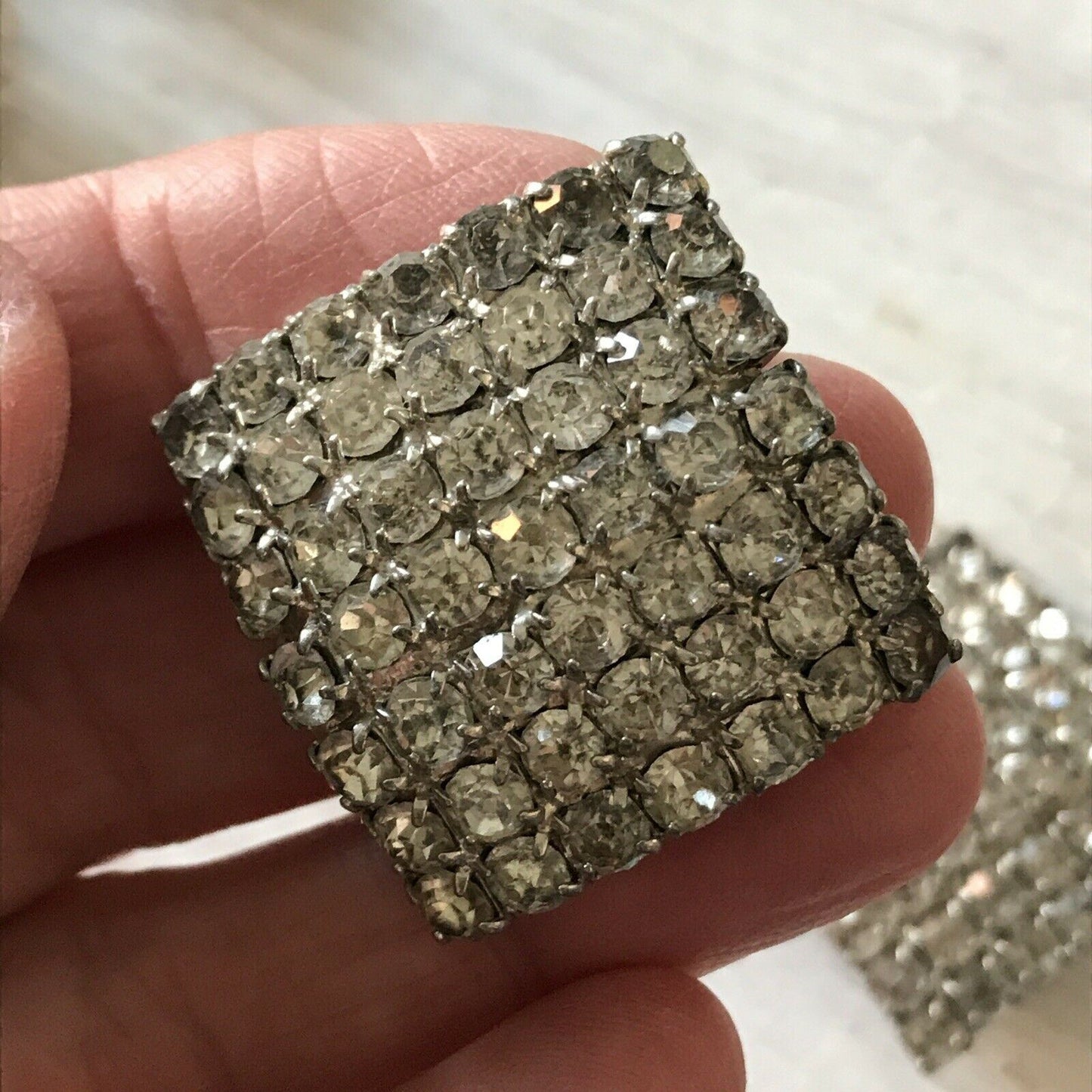 Large Square Vintage Diamanté Clip On Earrings. Some Wear. Sparkly Party Evening