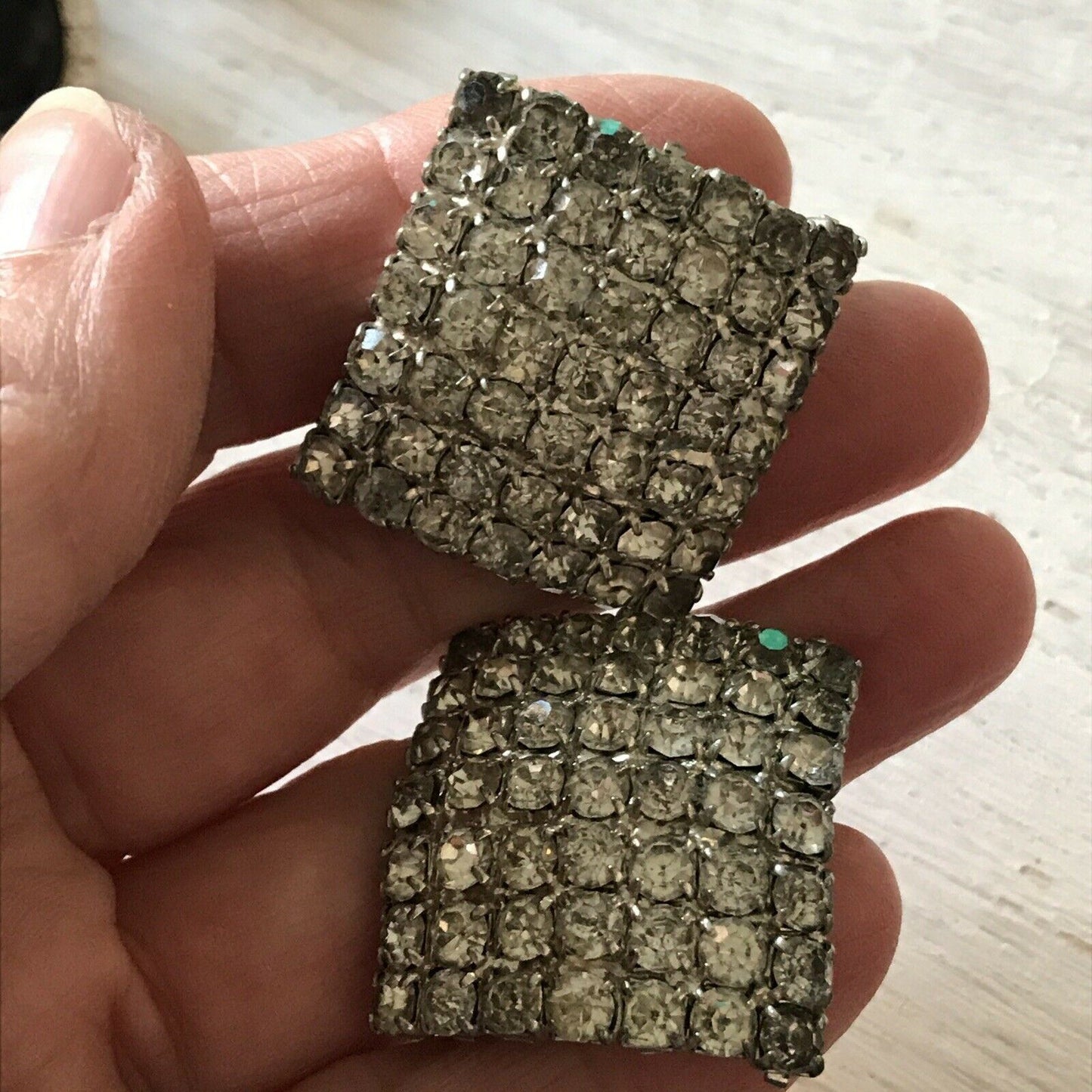 Large Square Vintage Diamanté Clip On Earrings. Some Wear. Sparkly Party Evening