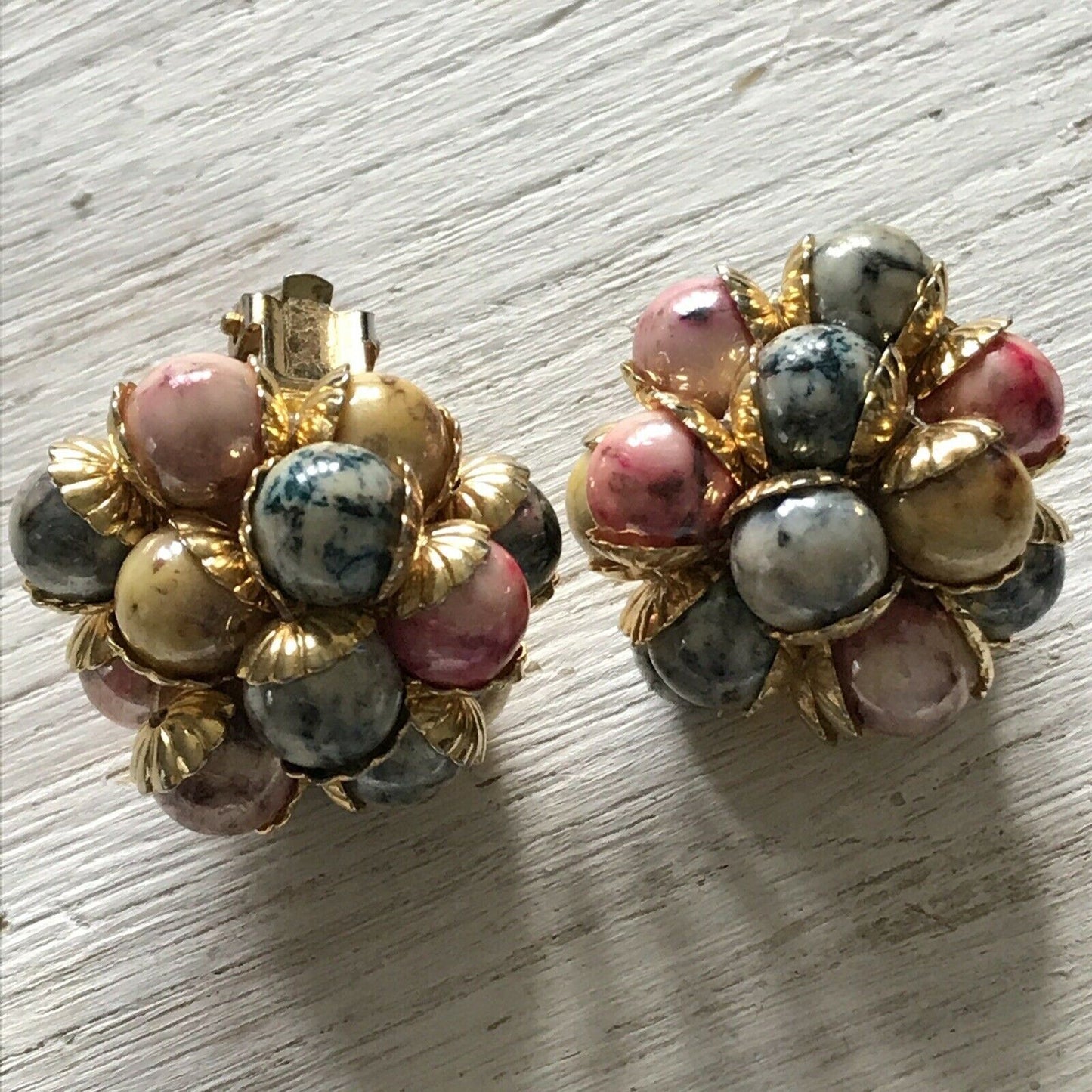 Large Clip On Cluster Earrings Pastel Beads Gold Tone Pink Blue Statement Blingy