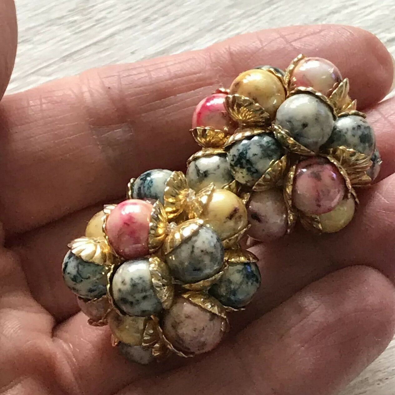 Large Clip On Cluster Earrings Pastel Beads Gold Tone Pink Blue Statement Blingy