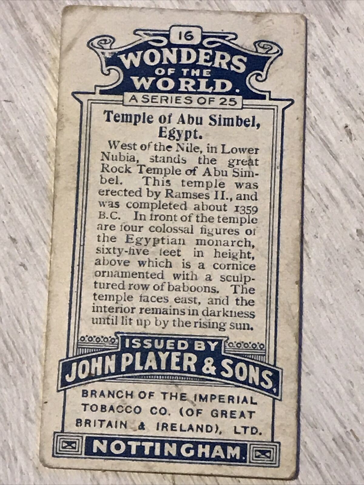 Players Cigarette Card Wonders Of The World 16 Temple Of Abu Simbel Egypt Nubia